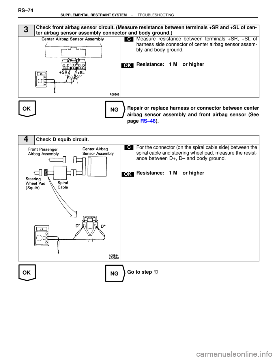 LEXUS SC300 1991  Service Repair Manual 
OKNG
OKNG
3Check front airbag sensor circuit. (Measure resistance between terminals +SR\
 and +SL of cen-
ter airbag sensor assembly connector and body ground.)
C
OK
Measure resistance between termin