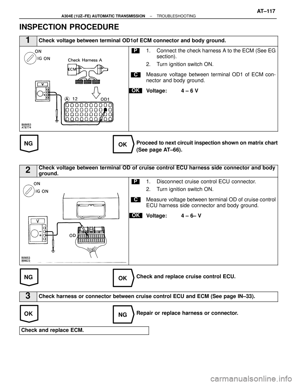 LEXUS SC300 1991  Service Repair Manual 
NGOK
NGOK
OKNG
INSPECTION PROCEDURE
1Check voltage between terminal OD1of ECM connector and body ground.
C
OK
P1. Connect  the check harness A to the ECM (See EGsection).
2. Turn ignition switch ON.
