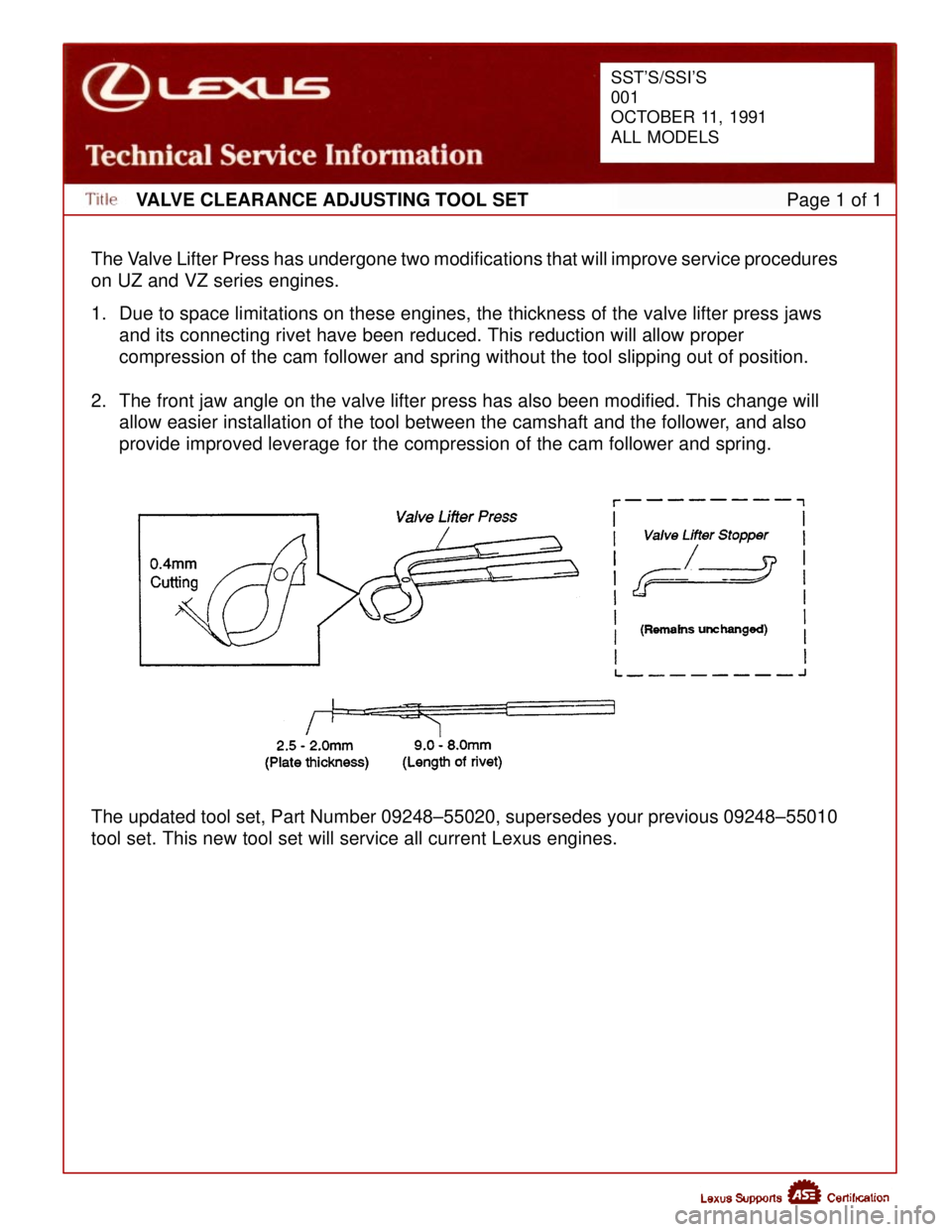 LEXUS SC300 1991  Service Repair Manual 
VALVE CLEARANCE ADJUSTING TOOL SETPage 1 of 1
The Valve Lifter Press has undergone two modifications that will improve service procedures
on UZ and VZ series engines.
1. Due to space limitations on t