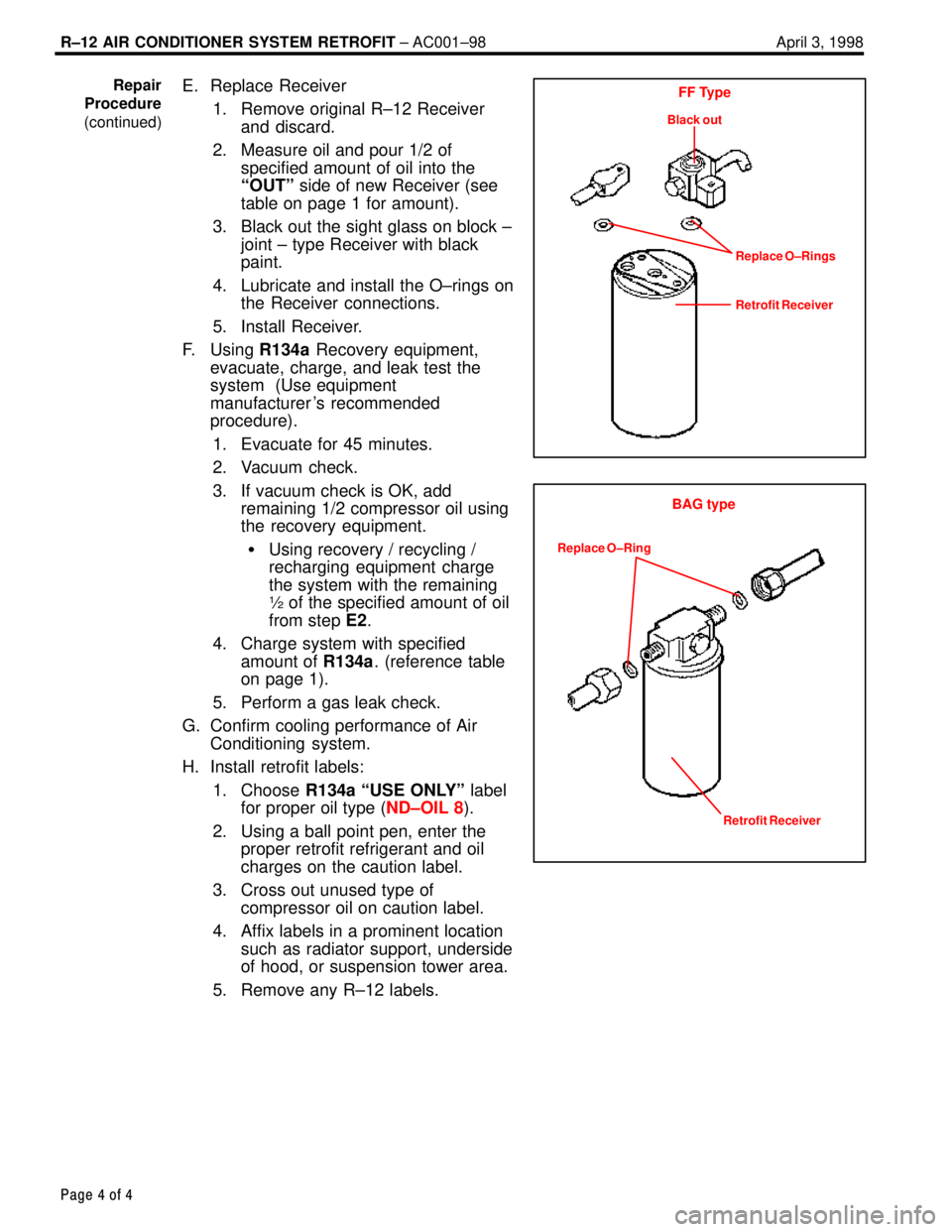 LEXUS SC300 1991  Service Repair Manual 
R±12 AIR CONDITIONER SYSTEM RETROFIT ± AC001±98 April 3, 1998
Page 4 of 4
E. Replace Receiver
1. Remove original R±12 Receiverand discard.
2. Measure oil and pour 1/2 of specified amount of oil i