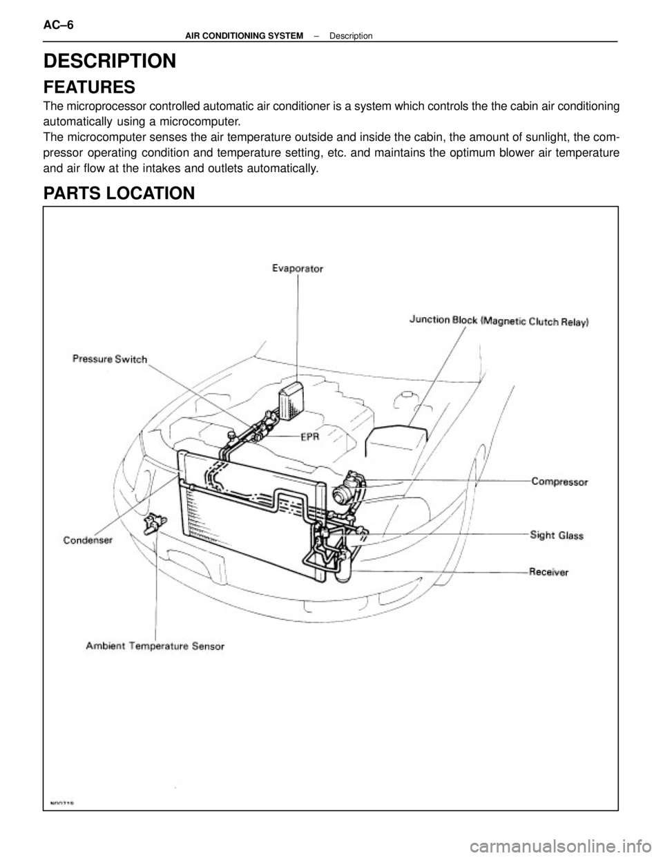 LEXUS SC300 1991 Service Service Manual
DESCRIPTION
FEATURES
The microprocessor controlled automatic air conditioner is a system whic\
h controls the the cabin air conditioning
automatically using a microcomputer.
The microcomputer senses LEXUS SC300 1991 Service Service Manual
DESCRIPTION
FEATURES
The microprocessor controlled automatic air conditioner is a system whic\
h controls the the cabin air conditioning
automatically using a microcomputer.
The microcomputer senses