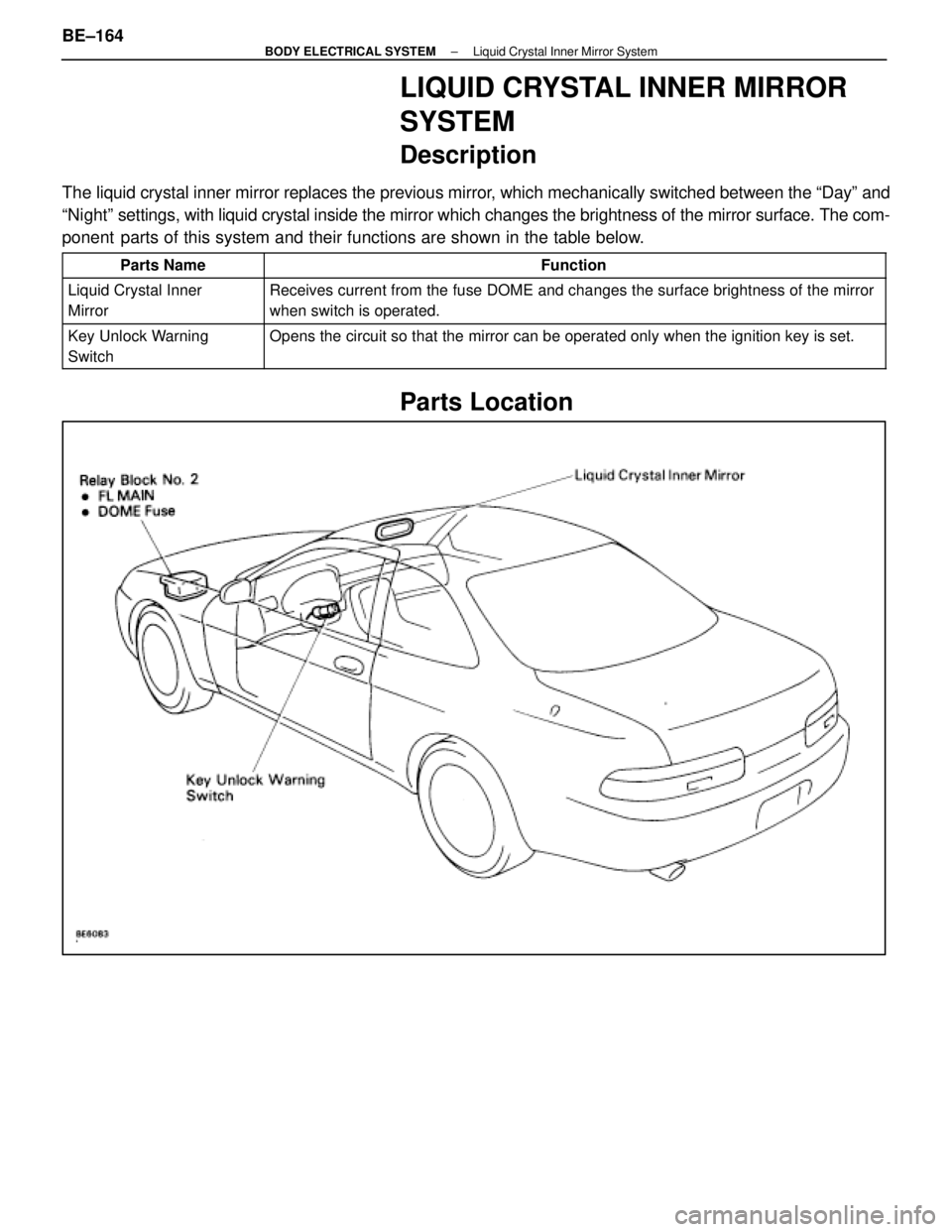 LEXUS SC300 1991  Service Repair Manual 
LIQUID CRYSTAL INNER MIRROR
SYSTEM
Description
The liquid crystal inner mirror replaces the previous mirror, which mechanically switched between the ªDayº and
ªNightº settings, with liquid crysta