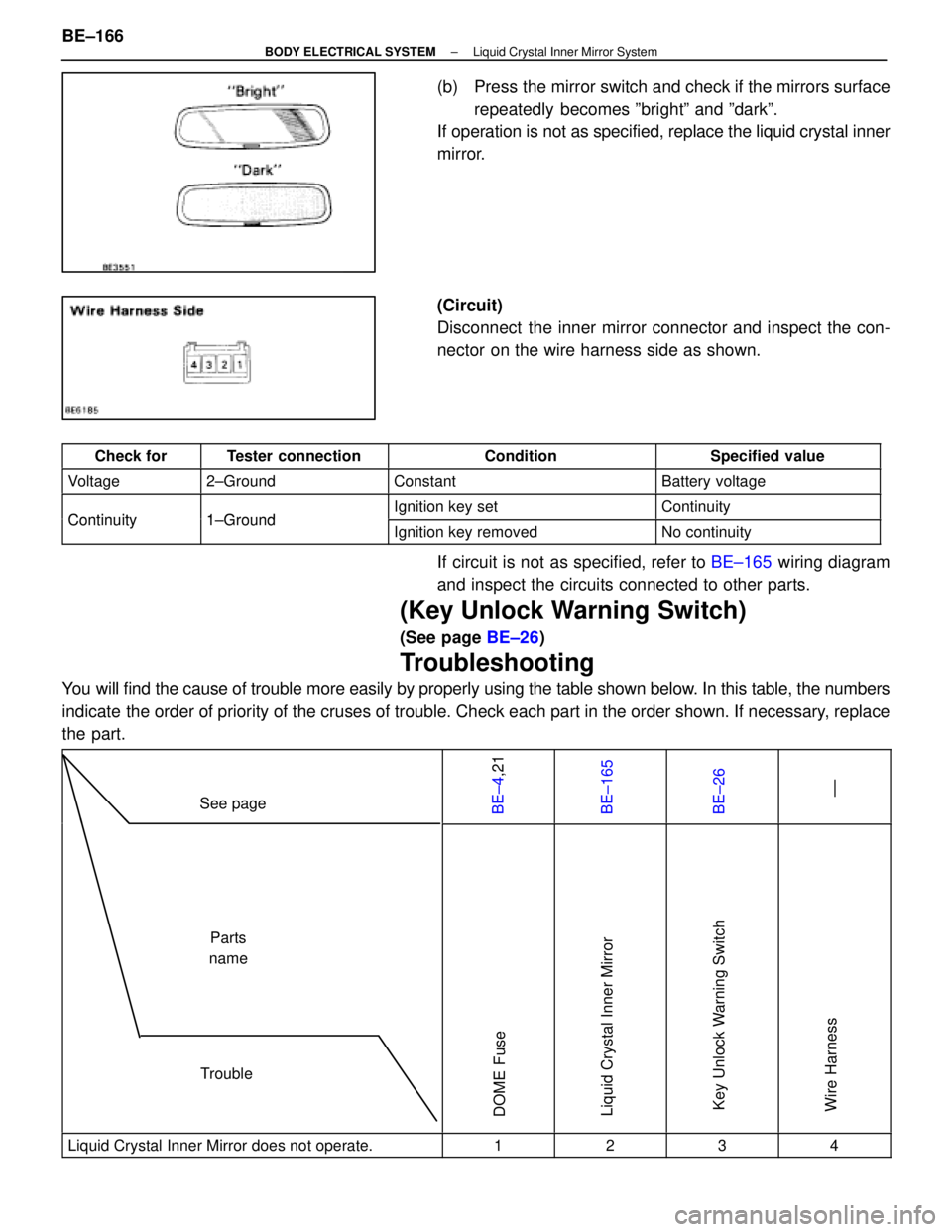 LEXUS SC300 1991 Service Repair Manual
(b) Press the mirror switch and check if the mirrors surfacerepeatedly becomes ºbrightº and ºdarkº.
If operation is not as specified, replace the liquid crystal inner
mirror.
(Circuit)
Disconne LEXUS SC300 1991 Service Repair Manual
(b) Press the mirror switch and check if the mirrors surfacerepeatedly becomes ºbrightº and ºdarkº.
If operation is not as specified, replace the liquid crystal inner
mirror.
(Circuit)
Disconne