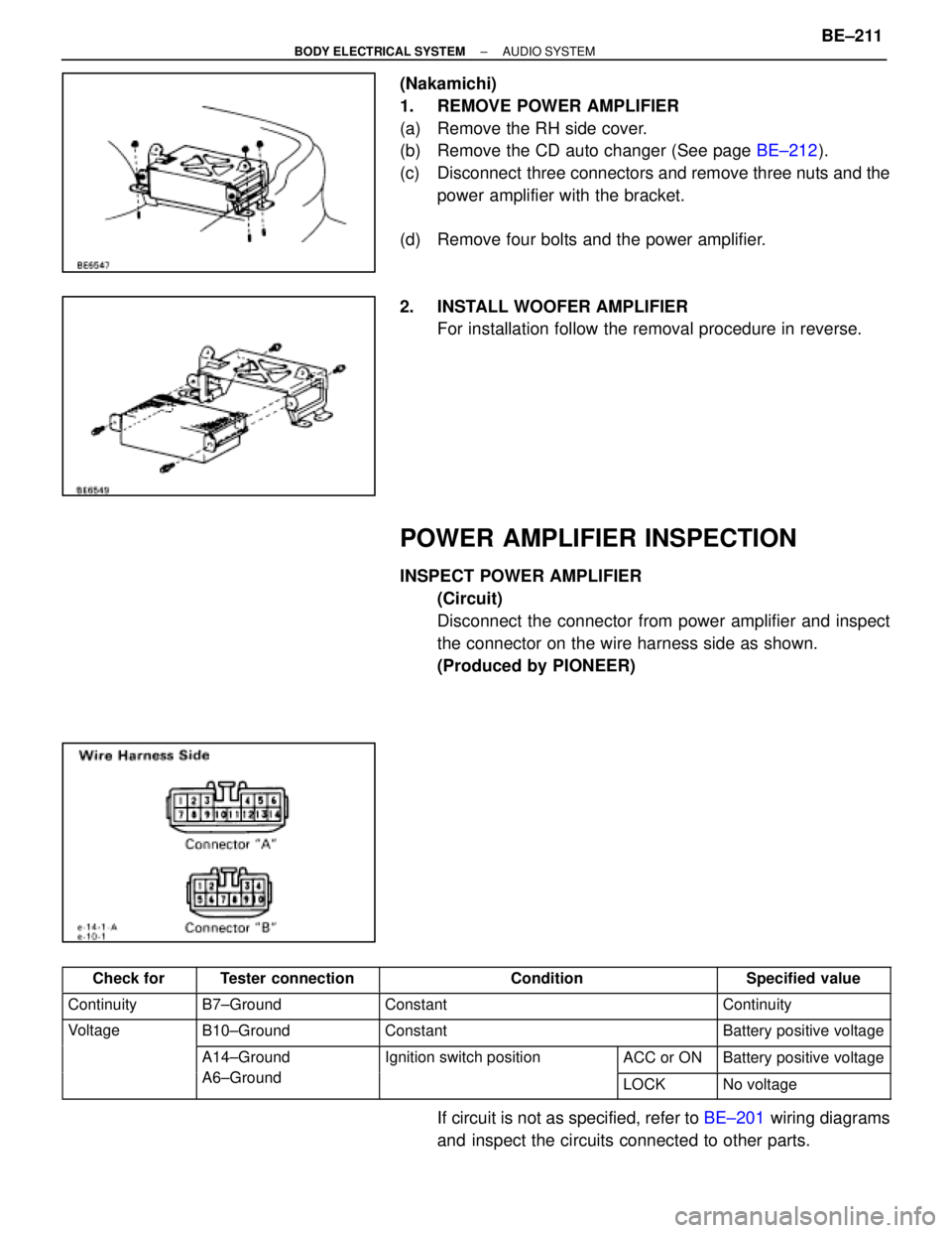 LEXUS SC300 1991  Service Repair Manual 
(Nakamichi)
1.  REMOVE POWER AMPLIFIER
(a)  Remove the RH side cover.
(b)  Remove the CD auto changer (See page BE±212).
(c)  Disconnect  three connectors and remove three nuts and the power amplifi