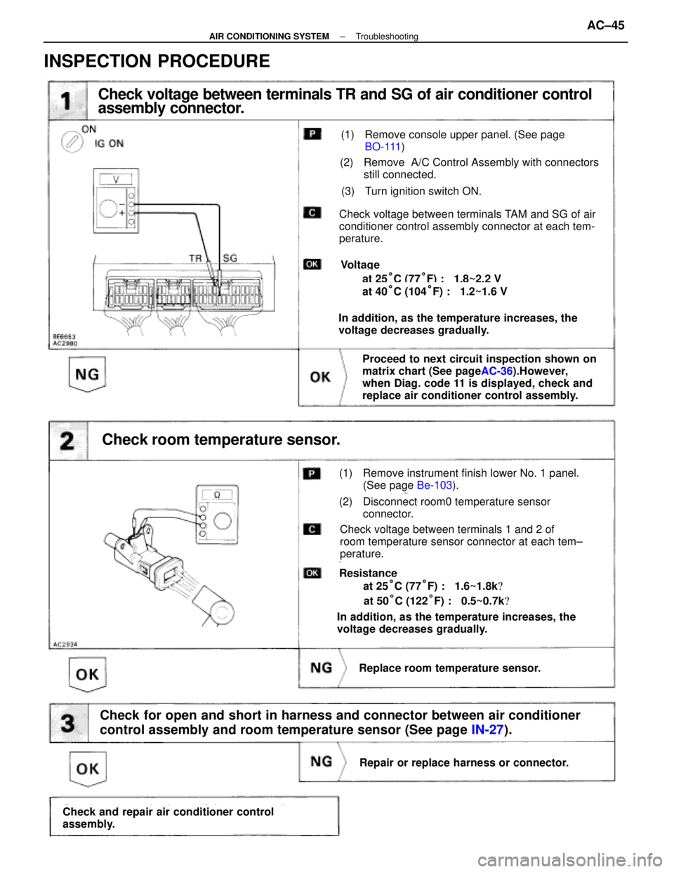 LEXUS SC300 1991  Service Repair Manual 
Check voltage between terminals TR and SG of air conditioner control
assembly connector.
(1) Remove console upper panel. (See page BO-111 )
(2) Remove  A/C Control Assembly with connectors
still conn