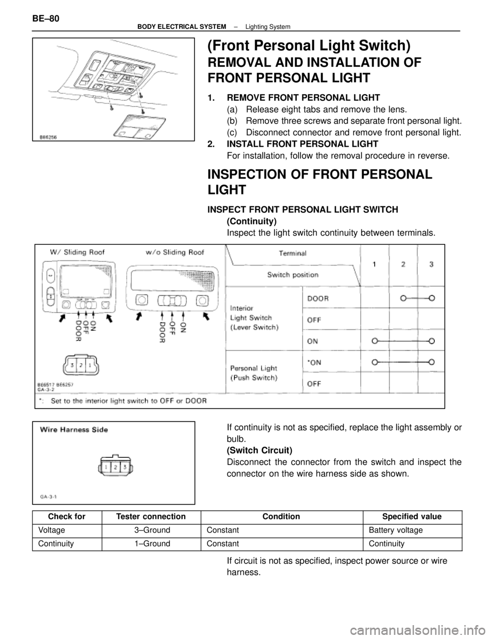 LEXUS SC300 1991  Service Repair Manual 
(Front Personal Light Switch)
REMOVAL AND INSTALLATION OF
FRONT PERSONAL LIGHT
1.  REMOVE FRONT PERSONAL LIGHT(a)  Release eight tabs and remove the lens.
(b)  Remove three screws and separate front 