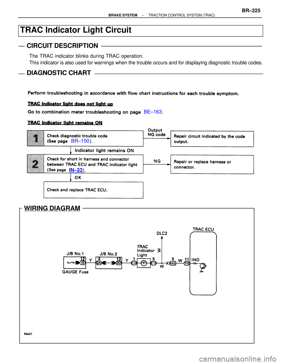 LEXUS SC300 1991  Service Repair Manual 
BR±150). BE±163
.
  IN±33
).
WIRING DIAGRAM
TRAC Indicator Light Circuit
CIRCUIT DESCRIPTION
The TRAC indicator blinks during TRAC operation.
This  indicator is also used for warnings when the tro
