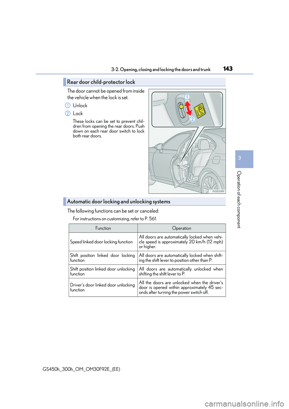 LEXUS GS300H 2019  Owners Manual 1433-2. Opening, closing and locking the doors and trunk
3
Operation of each component
GS450h_300h_OM_OM30F92E_(EE)
The door cannot be opened from inside 
the vehicle when the lock is set. 
Unlock 
Lo
