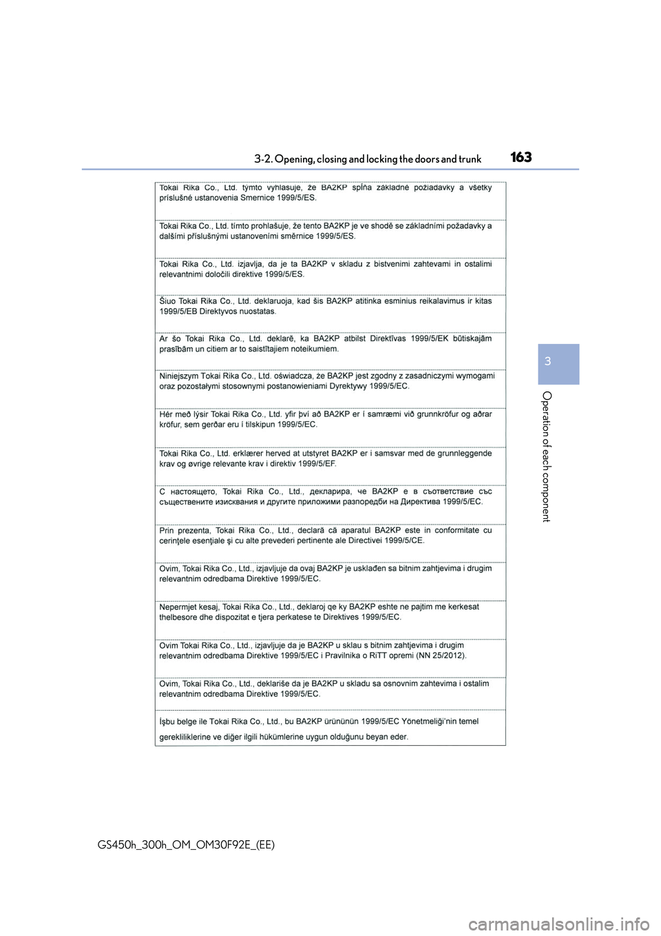 LEXUS GS300H 2019  Owners Manual 1633-2. Opening, closing and locking the doors and trunk
3
Operation of each component
GS450h_300h_OM_OM30F92E_(EE) 