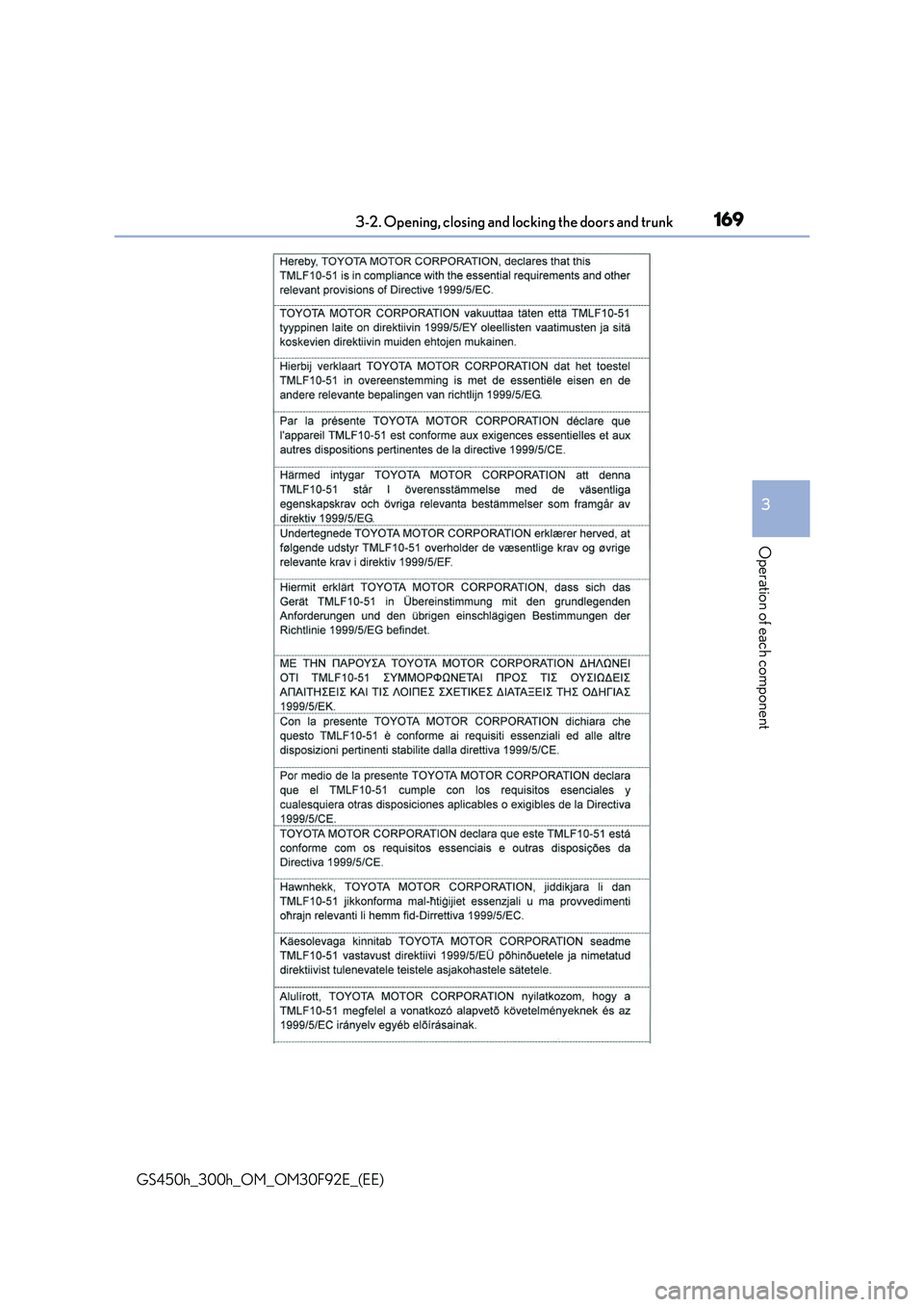 LEXUS GS300H 2019  Owners Manual 1693-2. Opening, closing and locking the doors and trunk
3
Operation of each component
GS450h_300h_OM_OM30F92E_(EE) 