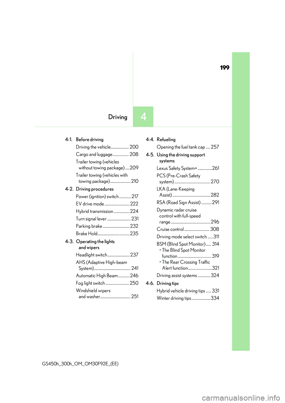 LEXUS GS300H 2019  Owners Manual 199
4Driving
GS450h_300h_OM_OM30F92E_(EE)
4-1. Before driving 
Driving the vehicle.................... 200
Cargo and luggage .................. 208
Trailer towing (vehicles  
without towing package) .