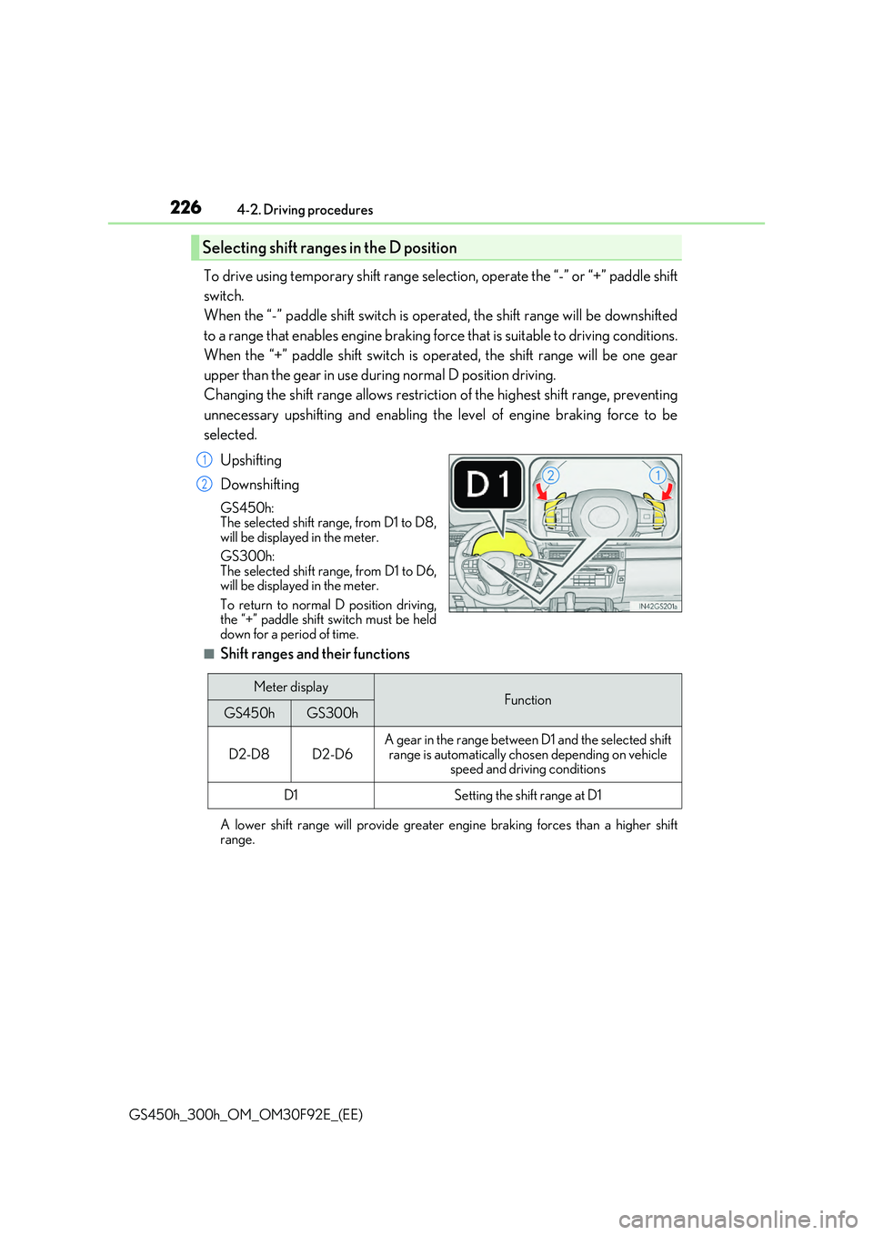 LEXUS GS300H 2019 Owners Manual 2264-2. Driving procedures
GS450h_300h_OM_OM30F92E_(EE)
To drive using temporary shift range selection, operate the “-” or “+” paddle shift
switch.
When the “-” paddle shift switch is o LEXUS GS300H 2019 Owners Manual 2264-2. Driving procedures
GS450h_300h_OM_OM30F92E_(EE)
To drive using temporary shift range selection, operate the “-” or “+” paddle shift
switch.
When the “-” paddle shift switch is o