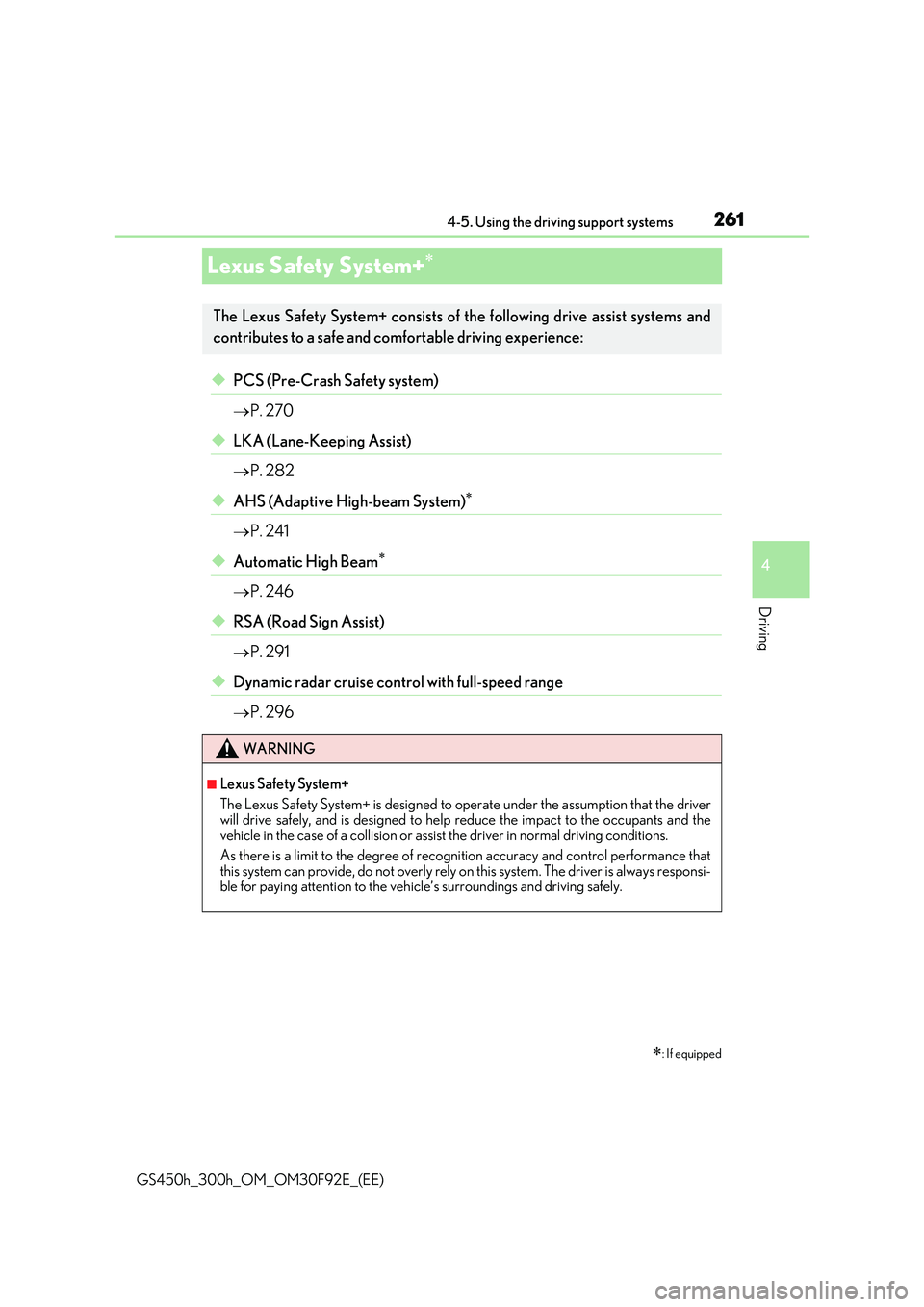 LEXUS GS300H 2019 Owners Manual 261
4
4-5. Using the driving support systems
Driving
GS450h_300h_OM_OM30F92E_(EE)
Lexus Safety System+
◆PCS (Pre-Crash Safety system)
P. 270
◆LKA (Lane-Keeping Assist)
P. 282
◆AHS LEXUS GS300H 2019 Owners Manual 261
4
4-5. Using the driving support systems
Driving
GS450h_300h_OM_OM30F92E_(EE)
Lexus Safety System+
◆PCS (Pre-Crash Safety system)
P. 270
◆LKA (Lane-Keeping Assist)
P. 282
◆AHS