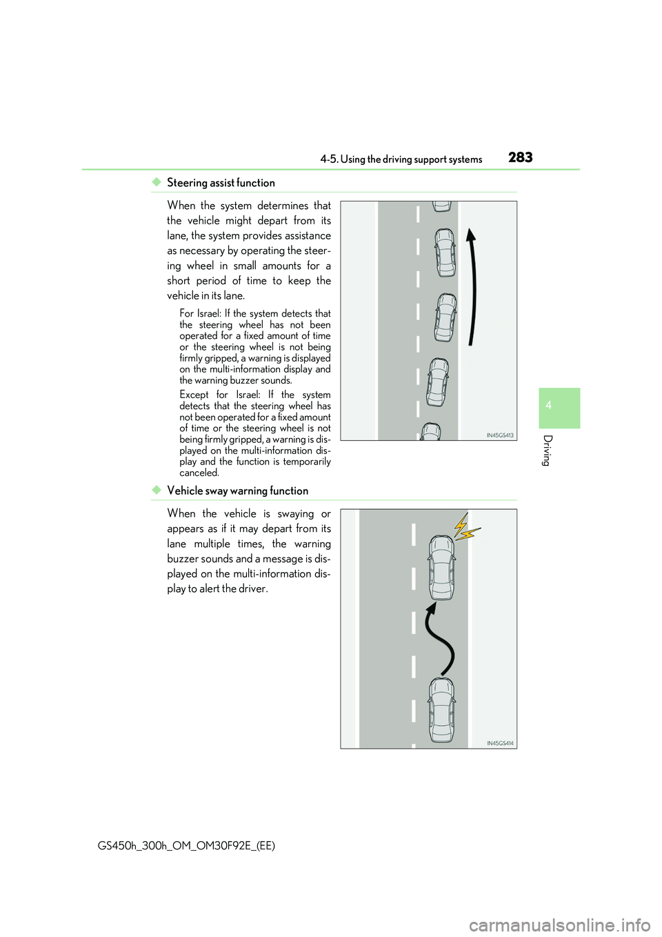 LEXUS GS300H 2019 Owners Manual 2834-5. Using the driving support systems
4
Driving
GS450h_300h_OM_OM30F92E_(EE)
◆Steering assist function
When the system determines that
the vehicle might depart from its
lane, the system provi LEXUS GS300H 2019 Owners Manual 2834-5. Using the driving support systems
4
Driving
GS450h_300h_OM_OM30F92E_(EE)
◆Steering assist function
When the system determines that
the vehicle might depart from its
lane, the system provi