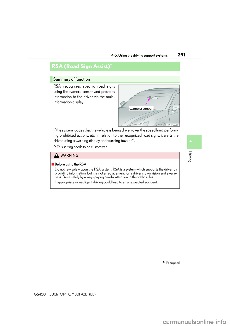 LEXUS GS300H 2019 Owners Manual 291
4
4-5. Using the driving support systems
Driving
GS450h_300h_OM_OM30F92E_(EE)
RSA (Road Sign Assist)
RSA recognizes specific road signs
using the camera sensor and provides
information to th LEXUS GS300H 2019 Owners Manual 291
4
4-5. Using the driving support systems
Driving
GS450h_300h_OM_OM30F92E_(EE)
RSA (Road Sign Assist)
RSA recognizes specific road signs
using the camera sensor and provides
information to th