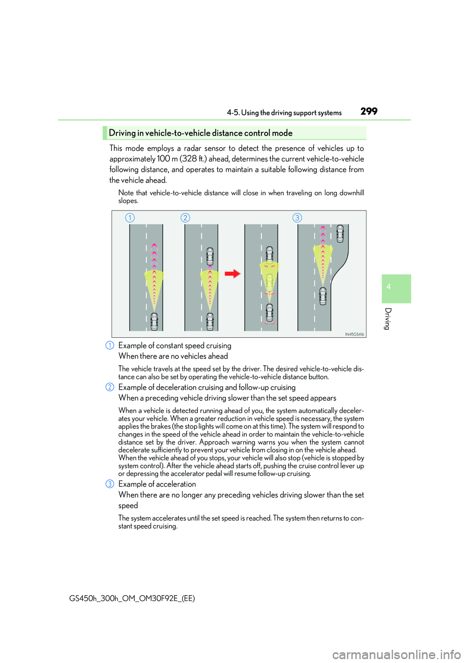 LEXUS GS300H 2019 Owners Manual 2994-5. Using the driving support systems
4
Driving
GS450h_300h_OM_OM30F92E_(EE)
This mode employs a radar sensor to detect the presence of vehicles up to
approximately 100 m (328 ft.) ahead, determi LEXUS GS300H 2019 Owners Manual 2994-5. Using the driving support systems
4
Driving
GS450h_300h_OM_OM30F92E_(EE)
This mode employs a radar sensor to detect the presence of vehicles up to
approximately 100 m (328 ft.) ahead, determi
