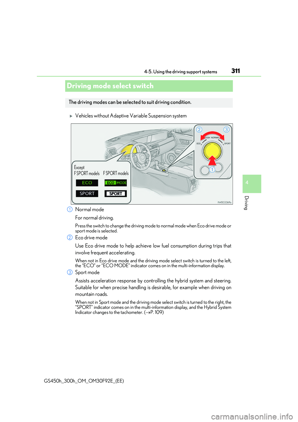 LEXUS GS300H 2019 Owners Manual 311
4
4-5. Using the driving support systems
Driving
GS450h_300h_OM_OM30F92E_(EE)
Driving mode select switch
Vehicles without Adaptive Variable Suspension system
Normal mode
For normal driving.
LEXUS GS300H 2019 Owners Manual 311
4
4-5. Using the driving support systems
Driving
GS450h_300h_OM_OM30F92E_(EE)
Driving mode select switch
Vehicles without Adaptive Variable Suspension system
Normal mode
For normal driving.