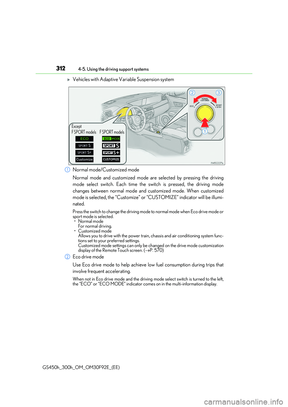 LEXUS GS300H 2019 Owners Manual 3124-5. Using the driving support systems
GS450h_300h_OM_OM30F92E_(EE)
Vehicles with Adaptive Variable Suspension system
Normal mode/Customized mode
Normal mode and customized mode are selected b LEXUS GS300H 2019 Owners Manual 3124-5. Using the driving support systems
GS450h_300h_OM_OM30F92E_(EE)
Vehicles with Adaptive Variable Suspension system
Normal mode/Customized mode
Normal mode and customized mode are selected b
