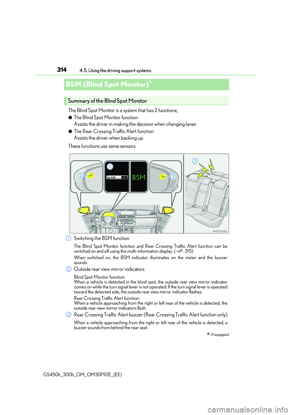 LEXUS GS300H 2019 Owners Manual 3144-5. Using the driving support systems
GS450h_300h_OM_OM30F92E_(EE)
BSM (Blind Spot Monitor)
The Blind Spot Monitor is a system that has 2 functions;
●The Blind Spot Monitor function
Assist LEXUS GS300H 2019 Owners Manual 3144-5. Using the driving support systems
GS450h_300h_OM_OM30F92E_(EE)
BSM (Blind Spot Monitor)
The Blind Spot Monitor is a system that has 2 functions;
●The Blind Spot Monitor function
Assist