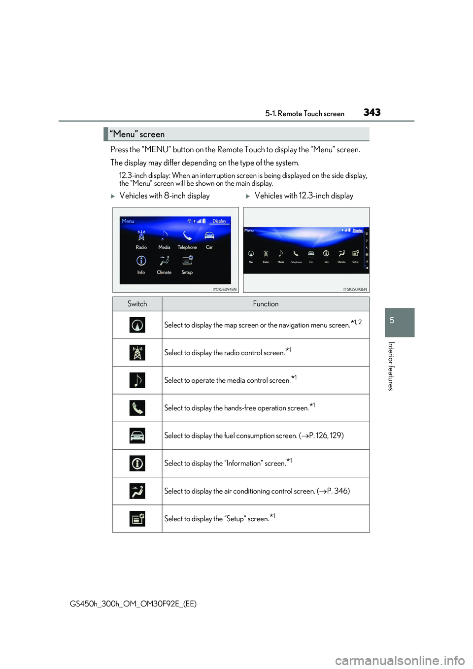 LEXUS GS300H 2019 Owners Manual 3435-1. Remote Touch screen
5
Interior features
GS450h_300h_OM_OM30F92E_(EE)
Press the “MENU” button on the Remote Touch to display the “Menu” screen.
The display may differ depending on the LEXUS GS300H 2019 Owners Manual 3435-1. Remote Touch screen
5
Interior features
GS450h_300h_OM_OM30F92E_(EE)
Press the “MENU” button on the Remote Touch to display the “Menu” screen.
The display may differ depending on the
