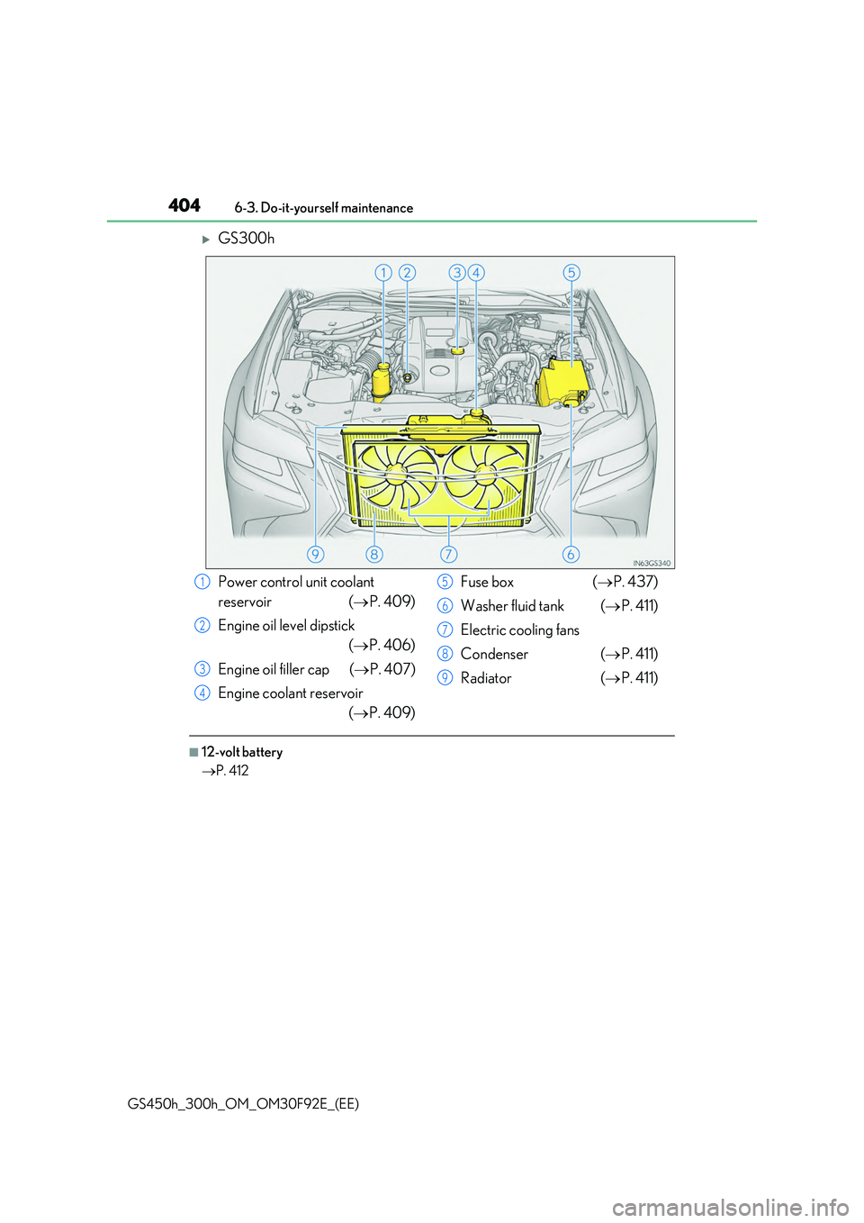 LEXUS GS300H 2019 Owners Manual 4046-3. Do-it-yourself maintenance
GS450h_300h_OM_OM30F92E_(EE)
GS300h
■12-volt battery
P. 412
Power control unit coolant
reservoir ( P. 409)
Engine oil level dipstick
( P. 406)
E LEXUS GS300H 2019 Owners Manual 4046-3. Do-it-yourself maintenance
GS450h_300h_OM_OM30F92E_(EE)
GS300h
■12-volt battery
P. 412
Power control unit coolant
reservoir ( P. 409)
Engine oil level dipstick
( P. 406)
E