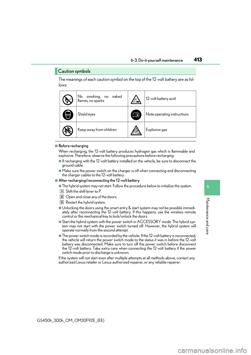 LEXUS GS300H 2019 Owners Manual 413 6-3. Do-it-yourself maintenance
6
Maintenance and care
GS450h_300h_OM_OM30F92E_(EE)
The meanings of each caution symbol on the top of the 12-volt battery are as fol-
lows:
■Before recharging
W LEXUS GS300H 2019 Owners Manual 413 6-3. Do-it-yourself maintenance
6
Maintenance and care
GS450h_300h_OM_OM30F92E_(EE)
The meanings of each caution symbol on the top of the 12-volt battery are as fol-
lows:
■Before recharging
W