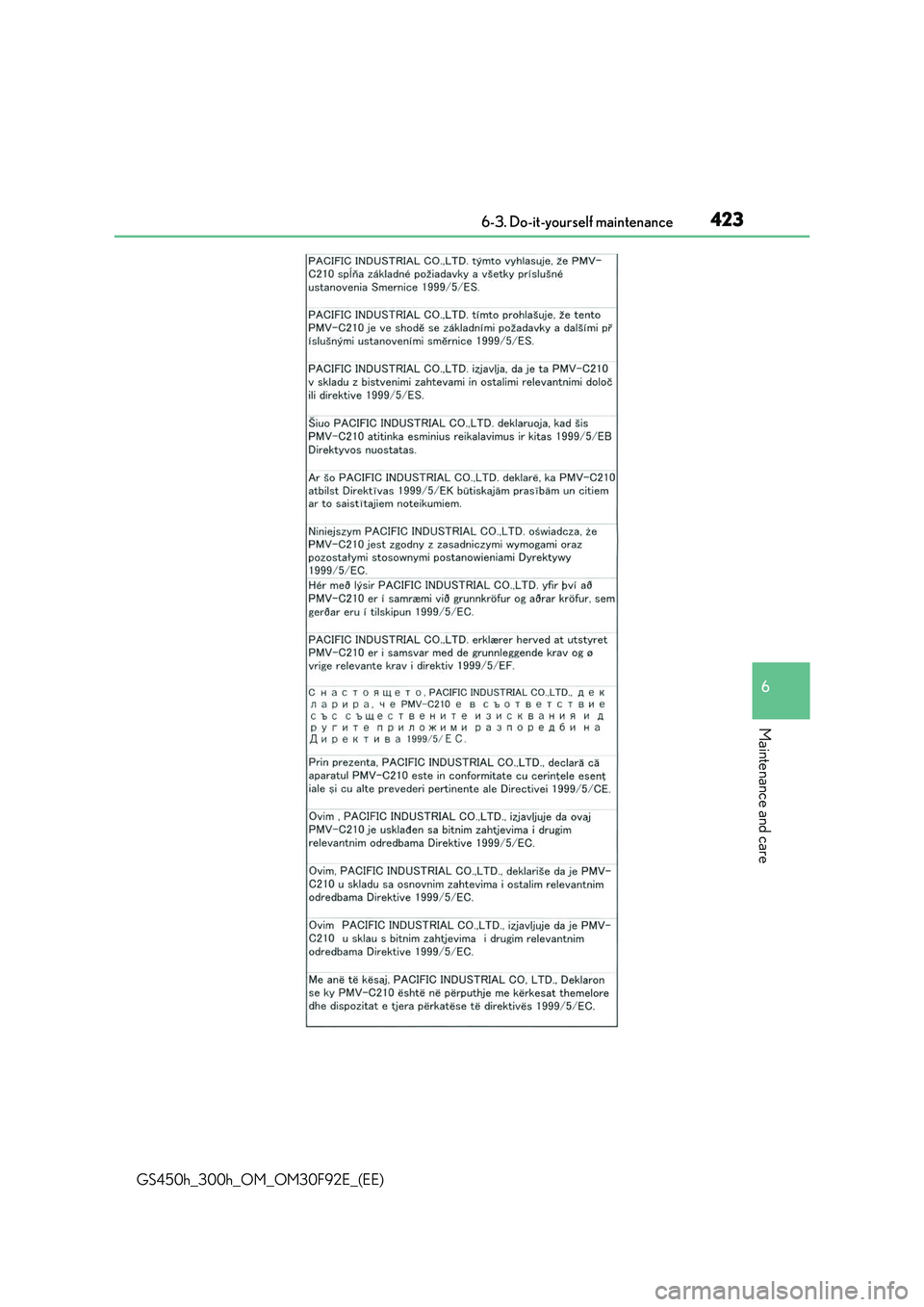 LEXUS GS300H 2019  Owners Manual 423 6-3. Do-it-yourself maintenance
6
Maintenance and care
GS450h_300h_OM_OM30F92E_(EE) 