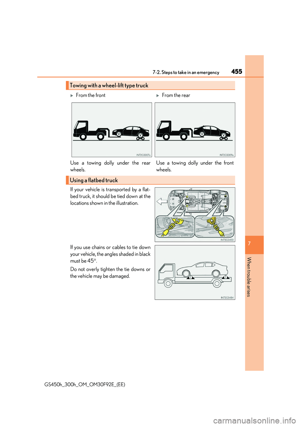 LEXUS GS300H 2019  Owners Manual 4557-2. Steps to take in an emergency
7
When trouble arises
GS450h_300h_OM_OM30F92E_(EE)
If your vehicle is transported by a flat- 
bed truck, it should be tied down at the 
locations shown in the ill