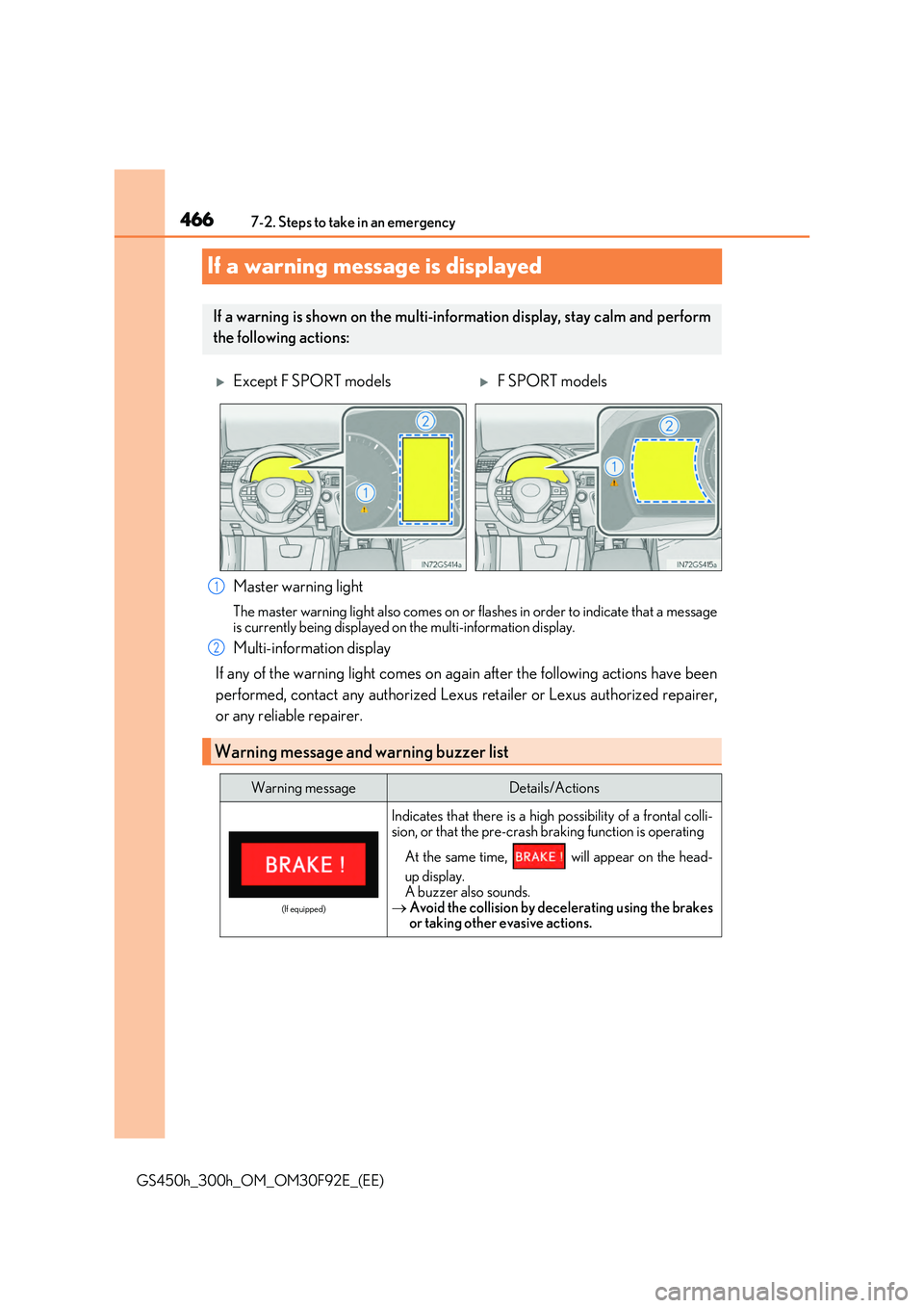 LEXUS GS300H 2019  Owners Manual 4667-2. Steps to take in an emergency 
GS450h_300h_OM_OM30F92E_(EE)
If a warning message is displayed
Master warning light
The master warning light also comes on or  flashes in order to indicate that 