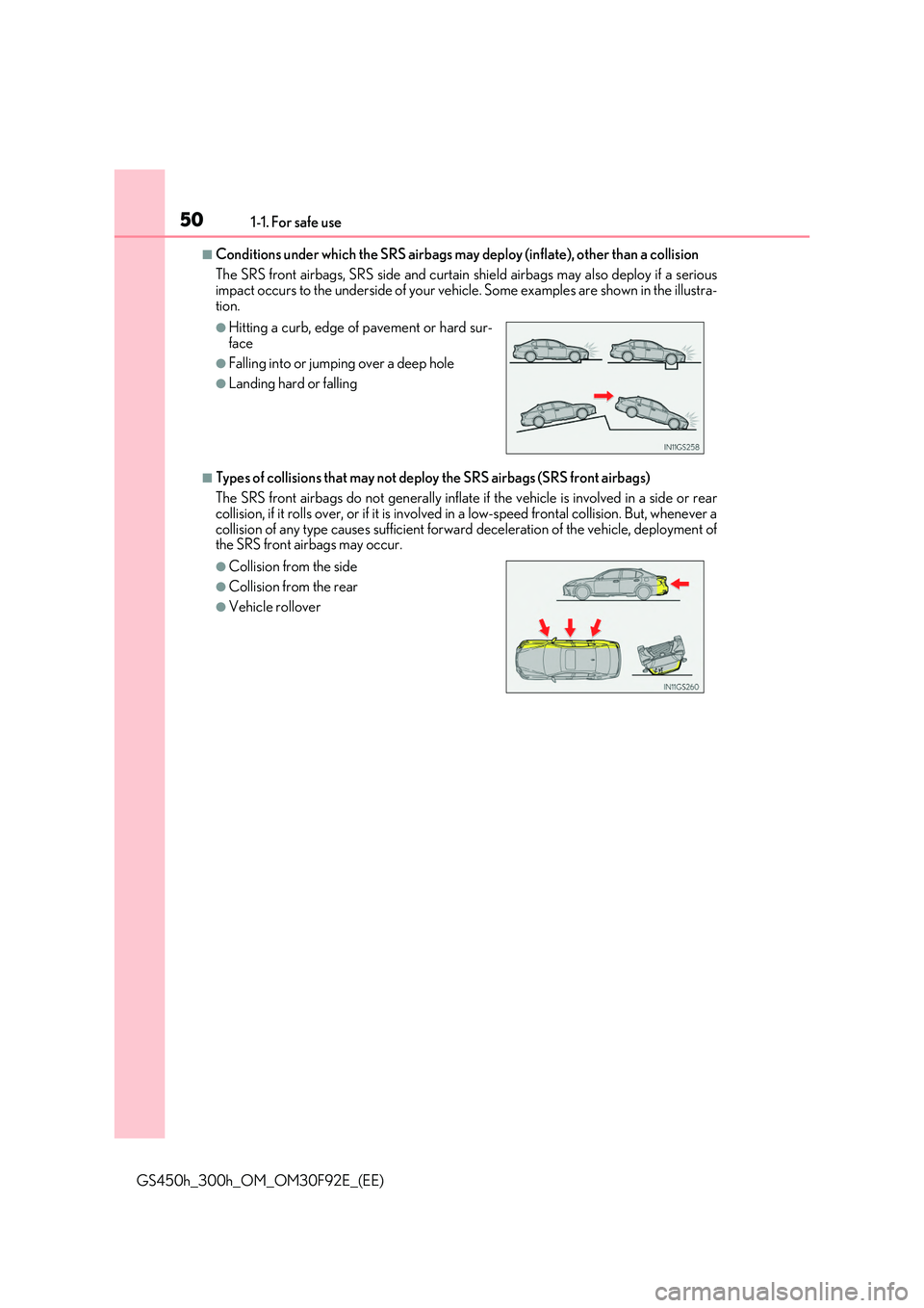 LEXUS GS300H 2019 Service Manual 501-1. For safe use
GS450h_300h_OM_OM30F92E_(EE)
■Conditions under which the SRS airbags may deploy (inflate), other than a collision
The SRS front airbags, SRS side and curtain shield airbags may LEXUS GS300H 2019 Service Manual 501-1. For safe use
GS450h_300h_OM_OM30F92E_(EE)
■Conditions under which the SRS airbags may deploy (inflate), other than a collision
The SRS front airbags, SRS side and curtain shield airbags may