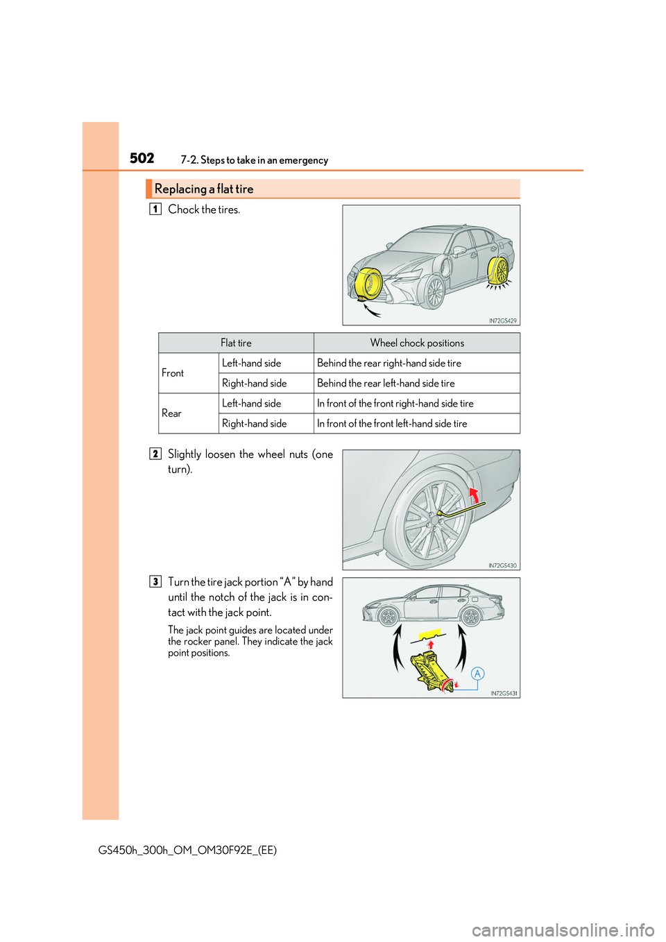 LEXUS GS300H 2019  Owners Manual 5027-2. Steps to take in an emergency
GS450h_300h_OM_OM30F92E_(EE)
Chock the tires. 
Slightly loosen the wheel nuts (one 
turn). 
Turn the tire jack portion “A” by hand 
until the notch of the jac