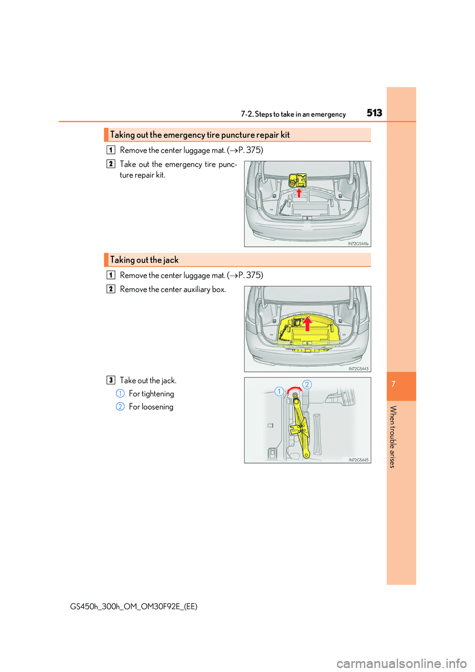 LEXUS GS300H 2019  Owners Manual 5137-2. Steps to take in an emergency
7
When trouble arises
GS450h_300h_OM_OM30F92E_(EE)
Remove the center luggage mat. (P. 375) 
Take out the emergency tire punc- 
ture repair kit. 
Remove the cen
