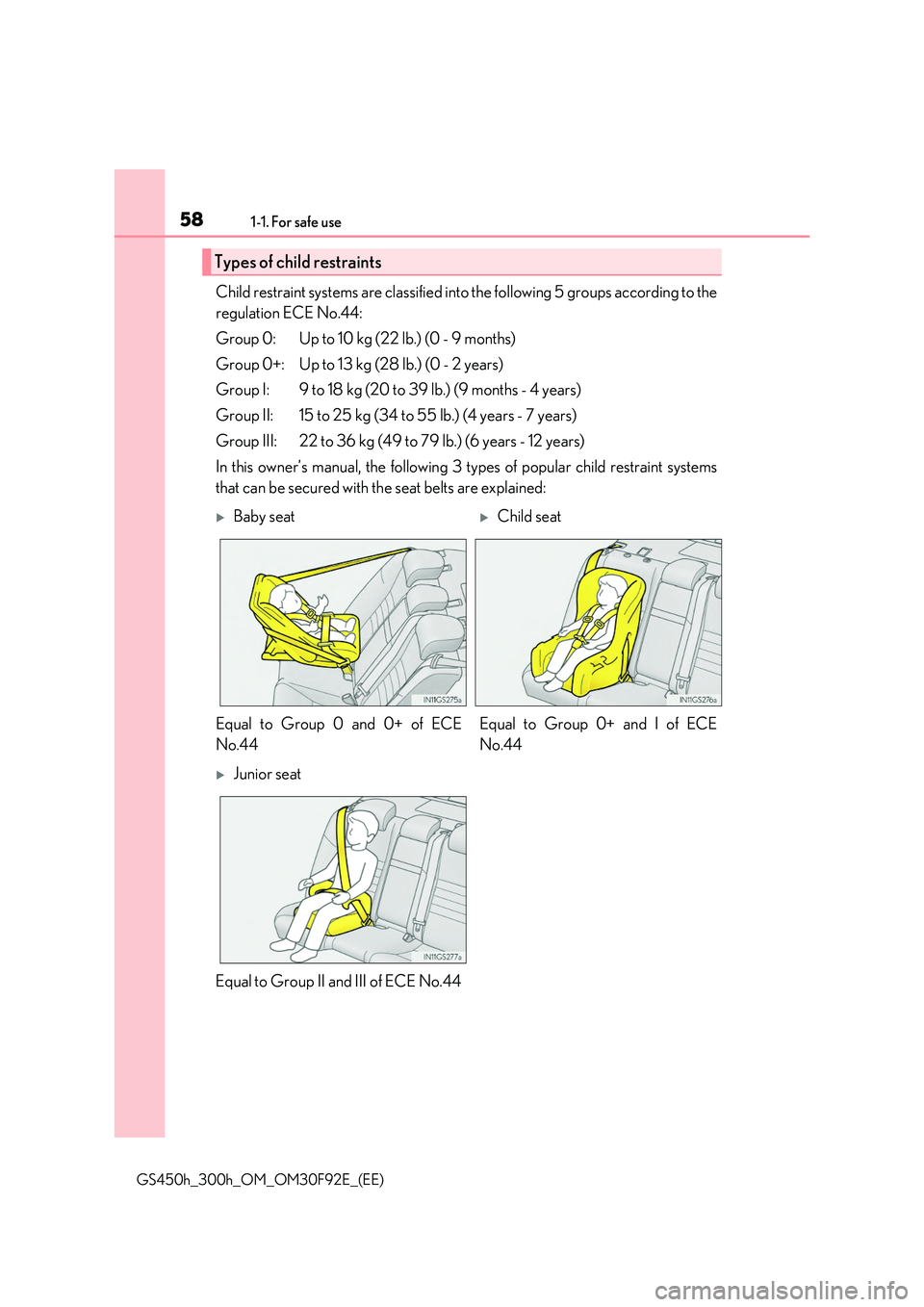 LEXUS GS300H 2019 Workshop Manual 581-1. For safe use
GS450h_300h_OM_OM30F92E_(EE)
Child restraint systems are classified into the following 5 groups according to the
regulation ECE No.44:
Group 0: Up to 10 kg (22 lb.) (0 - 9 months LEXUS GS300H 2019 Workshop Manual 581-1. For safe use
GS450h_300h_OM_OM30F92E_(EE)
Child restraint systems are classified into the following 5 groups according to the
regulation ECE No.44:
Group 0: Up to 10 kg (22 lb.) (0 - 9 months