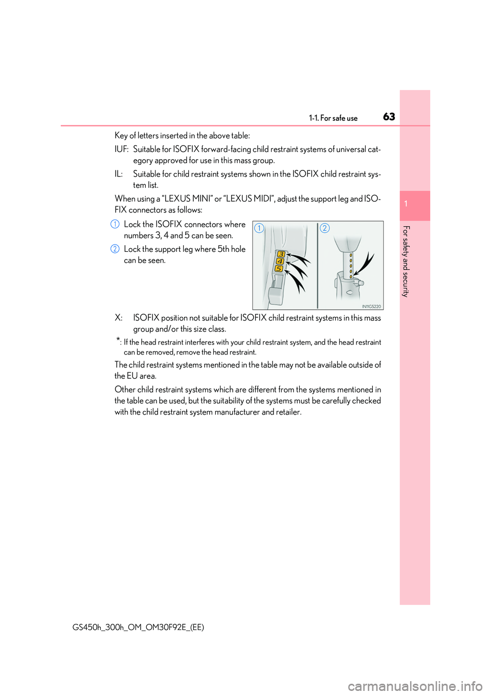 LEXUS GS300H 2019 Repair Manual 631-1. For safe use
1
For safety and security
GS450h_300h_OM_OM30F92E_(EE)
Key of letters inserted in the above table: 
IUF: Suitable for ISOFIX forward-facing child restraint systems of universal cat