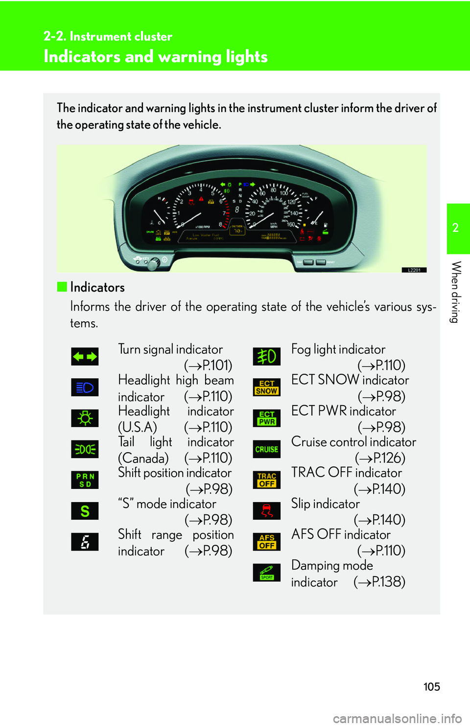 LEXUS LS430 2006 Owners Manual 105
2-2. Instrument cluster
2
When driving
Indicators and warning lights
The indicator and warning lights in the instrument cluster inform the driver of
the operating state of the vehicle.
■ Indica LEXUS LS430 2006 Owners Manual 105
2-2. Instrument cluster
2
When driving
Indicators and warning lights
The indicator and warning lights in the instrument cluster inform the driver of
the operating state of the vehicle.
■ Indica