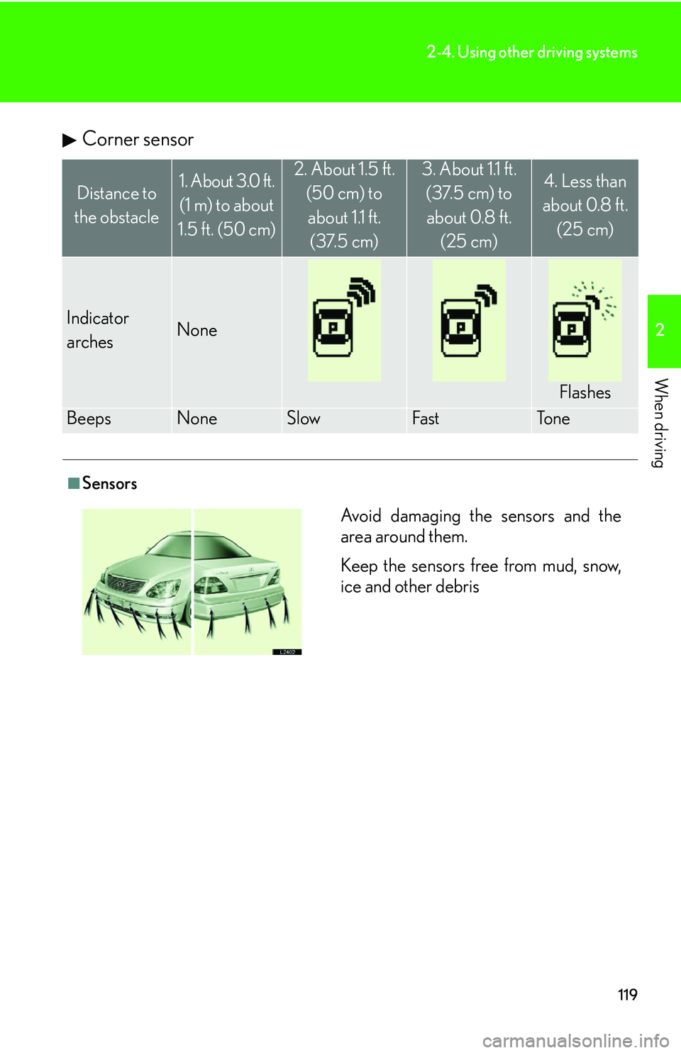 LEXUS LS430 2006 Owners Manual 119
2-4. Using other driving systems
2
When driving
Corner sensor
Distance to
the obstacle1. About 3.0 ft. (1 m) to about
1.5 ft. (50 cm)2. About 1.5 ft. (50 cm) to about 1.1 ft. (37.5 cm)3. Abou LEXUS LS430 2006 Owners Manual 119
2-4. Using other driving systems
2
When driving
Corner sensor
Distance to
the obstacle1. About 3.0 ft. (1 m) to about
1.5 ft. (50 cm)2. About 1.5 ft. (50 cm) to about 1.1 ft. (37.5 cm)3. Abou