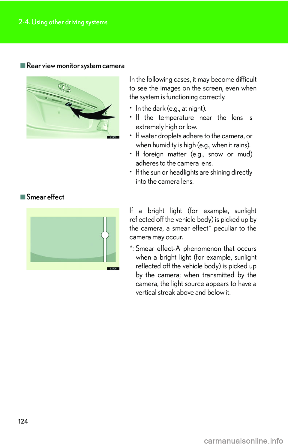LEXUS LS430 2006  Owners Manual 124
2-4. Using other driving systems
■Rear view monitor system camera
■Smear effect
In the following cases, it may become difficult 
to see the images on the screen, even when 
the system is funct