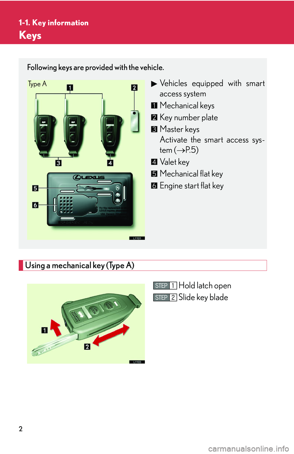 LEXUS LS430 2006 User Guide 2
1-1. Key information
Keys
Using a mechanical key (Type A)
Hold latch open
Slide key blade
Following keys are provided with the vehicle.
Vehicles equipped with smart
access system
Mechanical keys
K LEXUS LS430 2006 User Guide 2
1-1. Key information
Keys
Using a mechanical key (Type A)
Hold latch open
Slide key blade
Following keys are provided with the vehicle.
Vehicles equipped with smart
access system
Mechanical keys
K