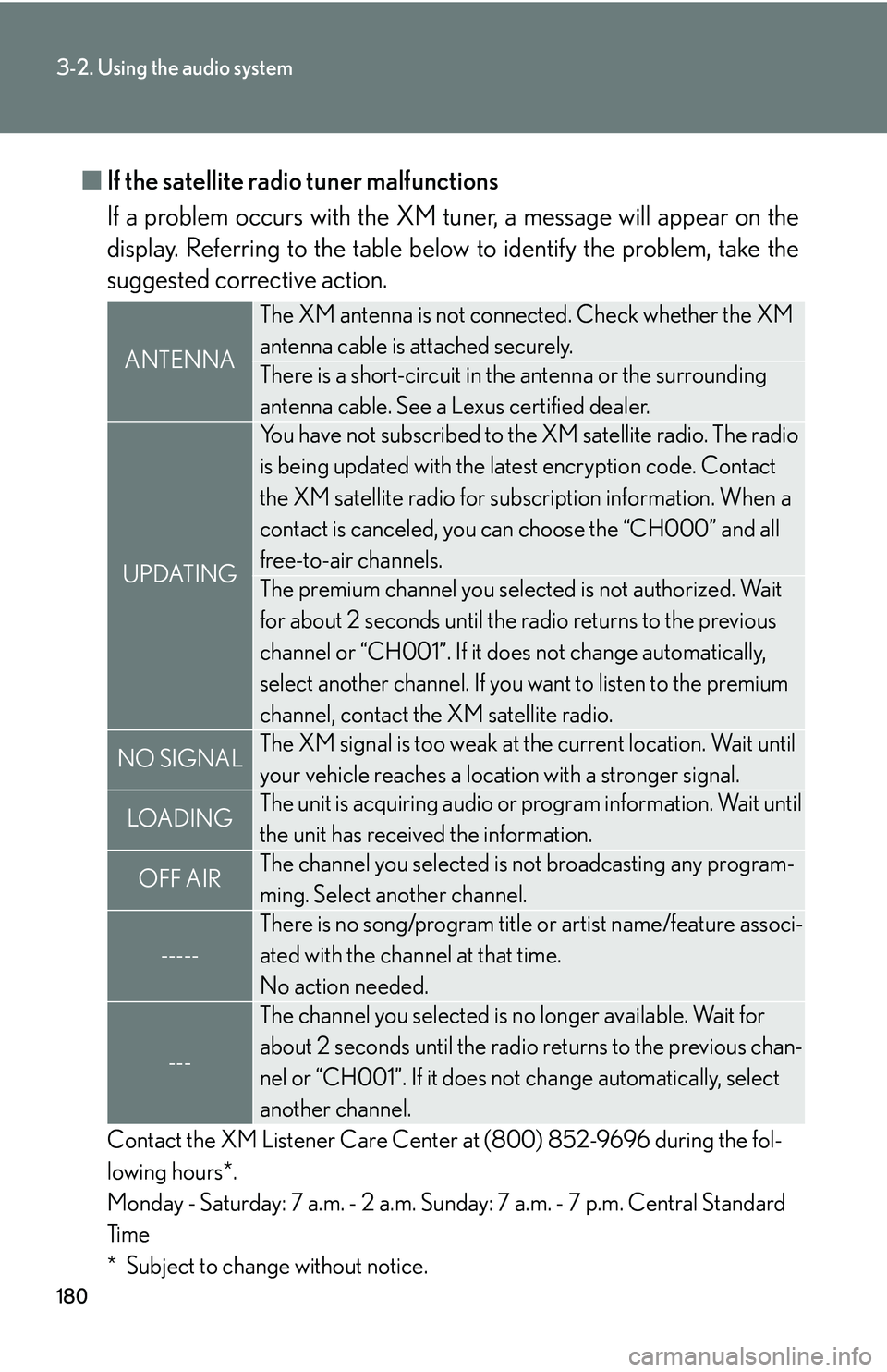 LEXUS LS430 2006 Owners Manual 180
3-2. Using the audio system
■If the satellite radio tuner malfunctions
If a problem occurs with the XM tuner
, a message will appear on the
display. Referring to the table below to identify LEXUS LS430 2006 Owners Manual 180
3-2. Using the audio system
■If the satellite radio tuner malfunctions
If a problem occurs with the XM tuner
, a message will appear on the
display. Referring to the table below to identify