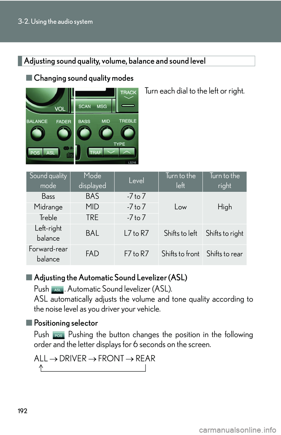 LEXUS LS430 2006  Owners Manual 192
3-2. Using the audio system
Adjusting sound quality, volume, balance and sound level
■Changing sound quality modes
Turn each dial to the left or right.
■ A
djusting the Automatic Sound Leveliz