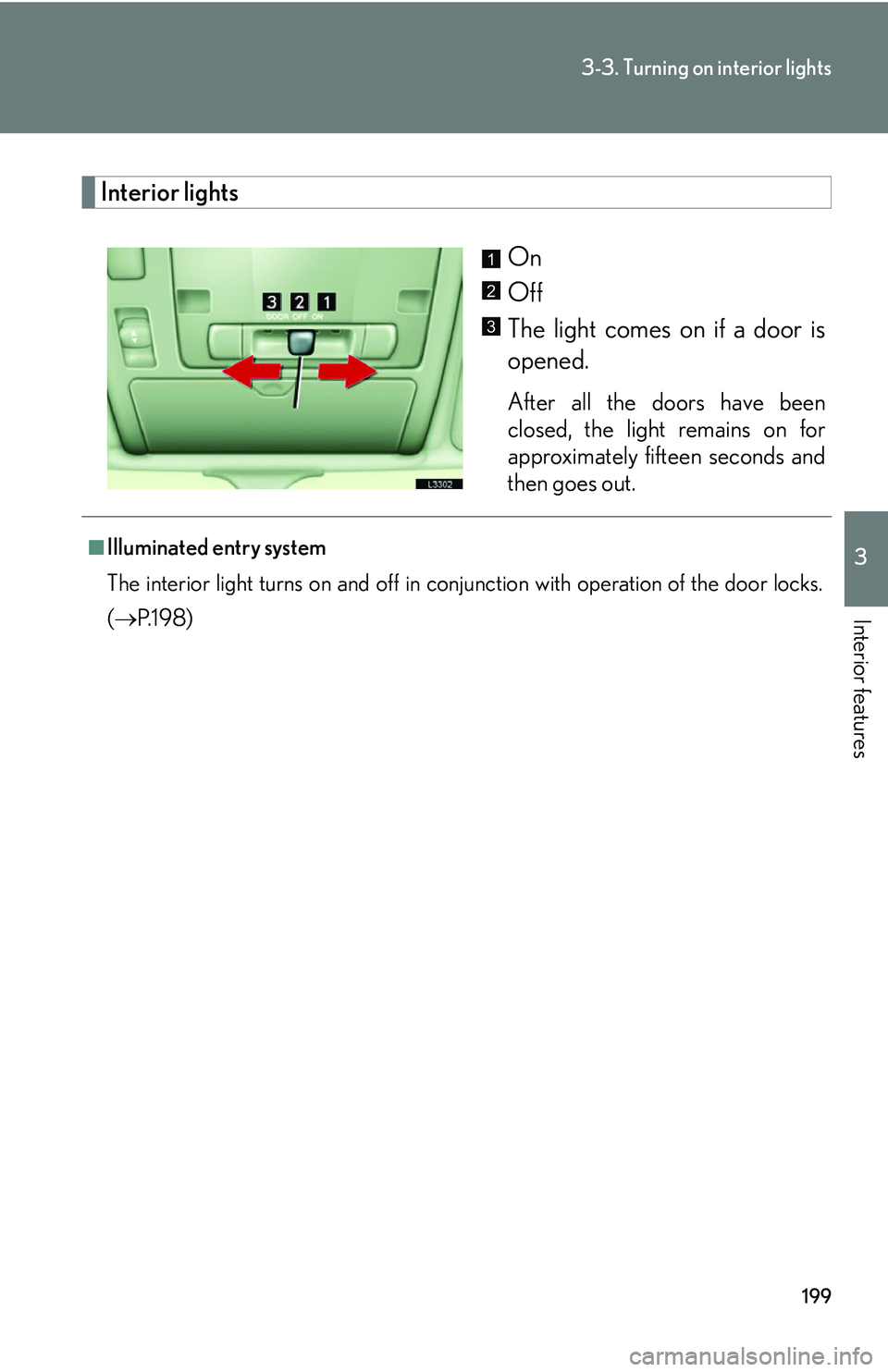 LEXUS LS430 2006  Owners Manual 199
3-3. Turning on interior lights
3
Interior features
Interior lights
On
Off
The light comes on if a door is 
opened. 
After all the doors have been 
closed, the light remains on for 
approximately 
