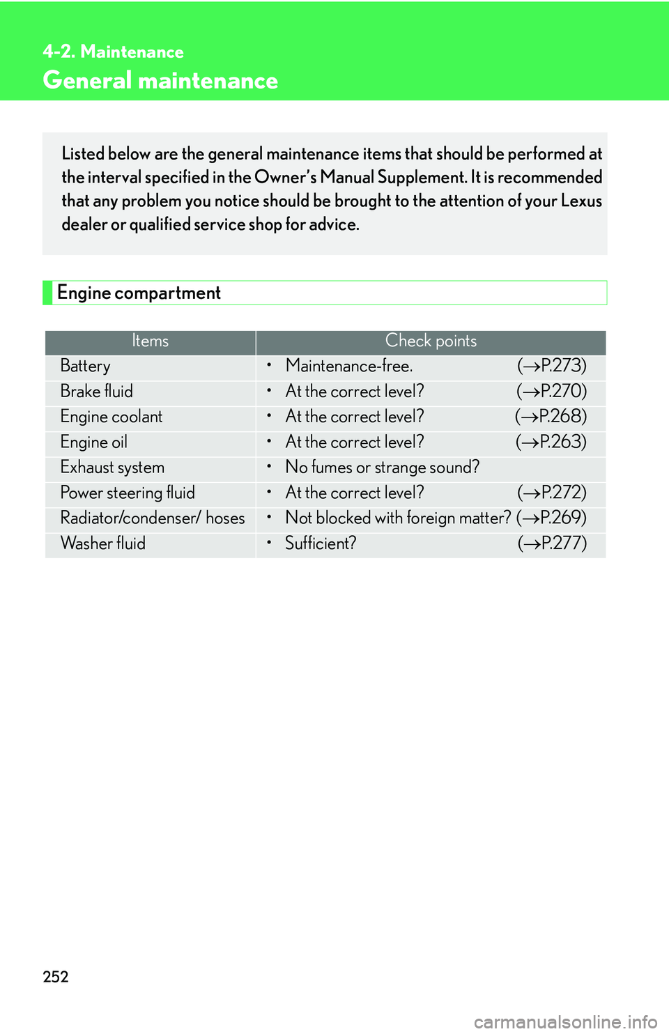 LEXUS LS430 2006 User Guide 252
4-2. Maintenance
General maintenance
Engine compartment
Listed below are the general maintenance items that should be performed at
the interval specified in the Owner’s Manual Supplement. It i LEXUS LS430 2006 User Guide 252
4-2. Maintenance
General maintenance
Engine compartment
Listed below are the general maintenance items that should be performed at
the interval specified in the Owner’s Manual Supplement. It i