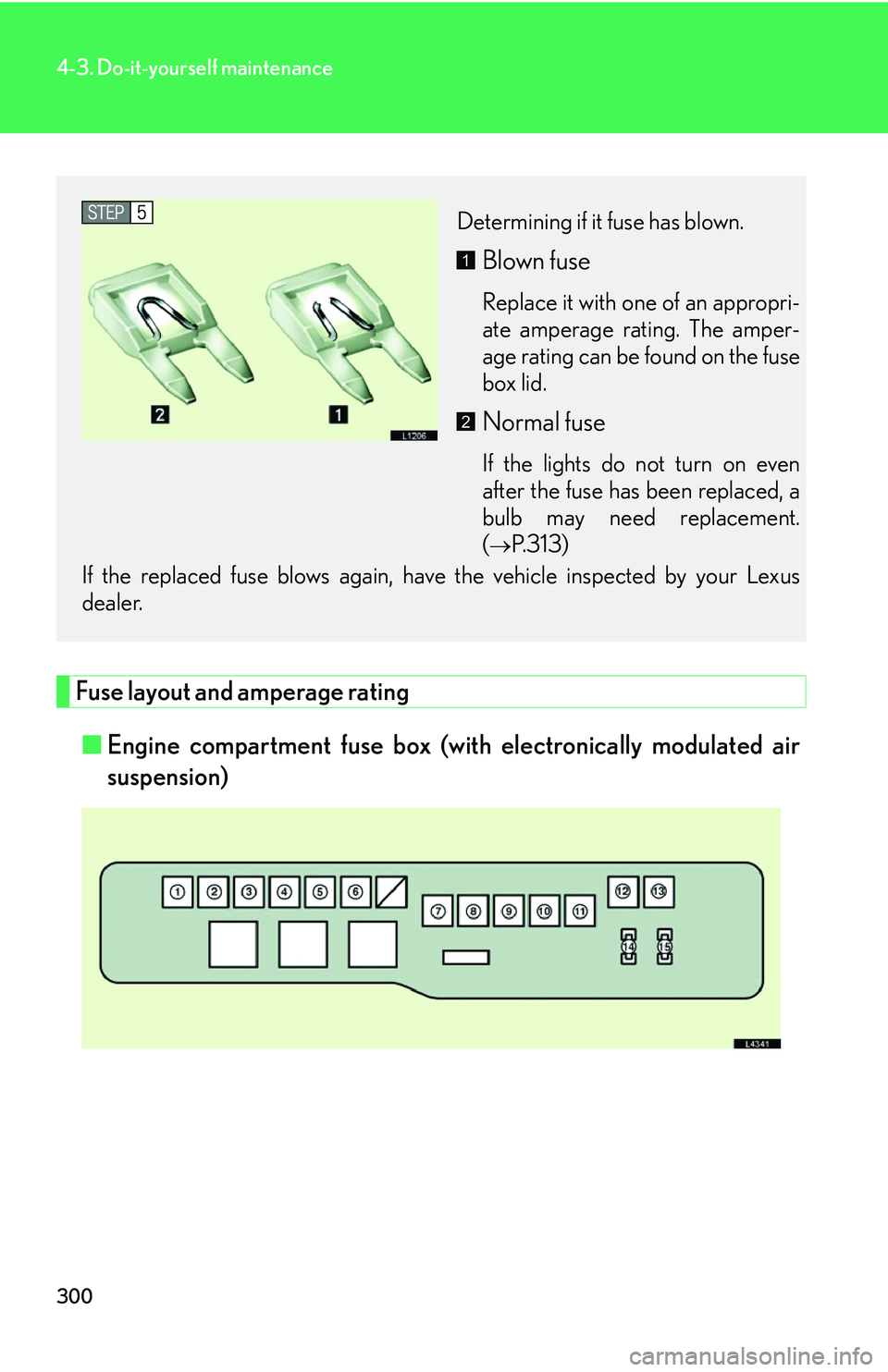 LEXUS LS430 2006  Owners Manual 300
4-3. Do-it-yourself maintenance
Fuse layout and amperage rating
■Engine compartment fuse box (with electronically modulated air 
suspension)
Determining if it fuse has blown.
Blown fuse
Replace 