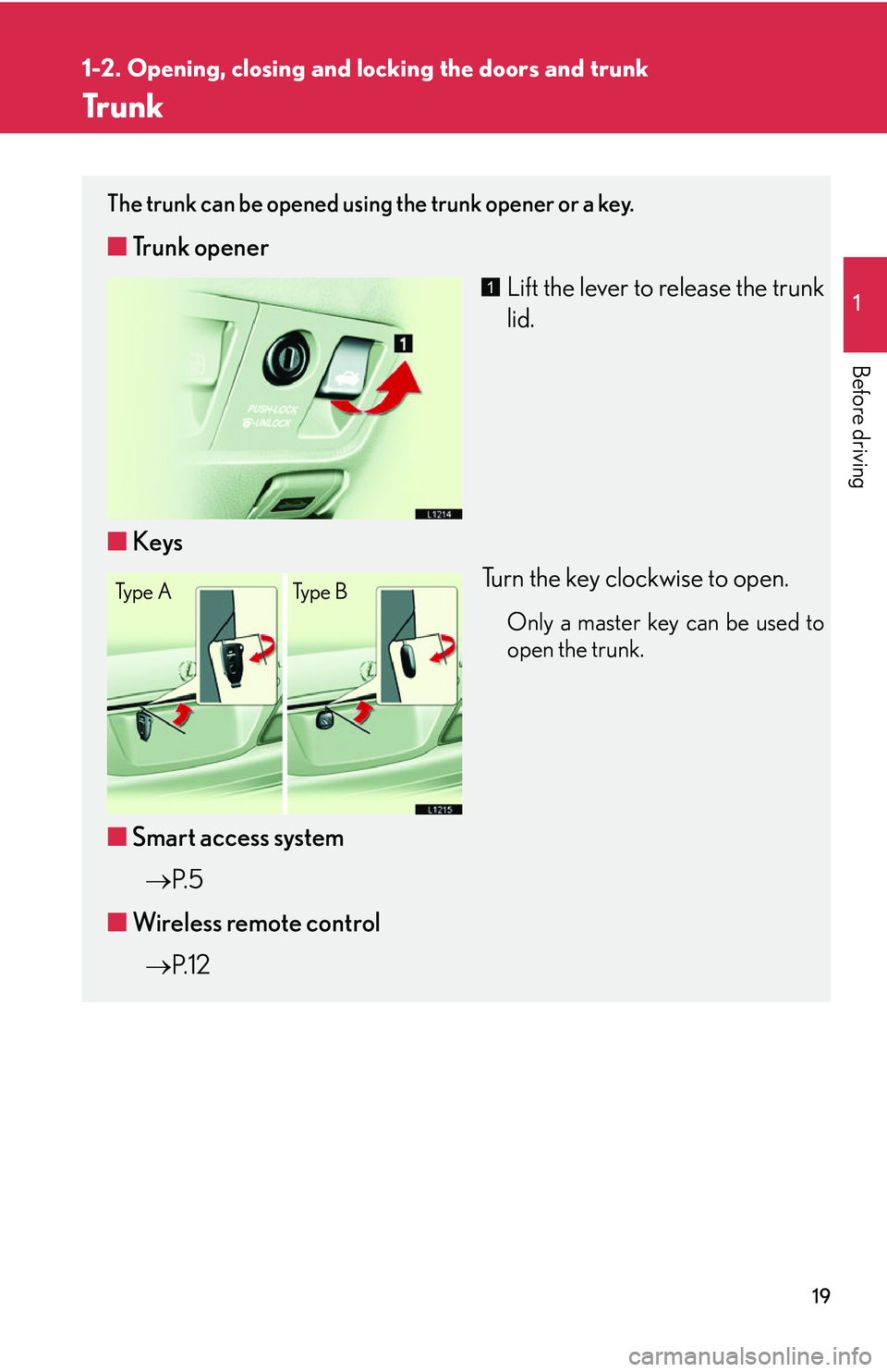 LEXUS LS430 2006 Owners Guide 19
1
1-2. Opening, closing and locking the doors and trunk
Before driving
Tr u n k
The trunk can be opened using the trunk opener or a key.
■Trunk opener
Lift the lever to release the trunk 
lid.
