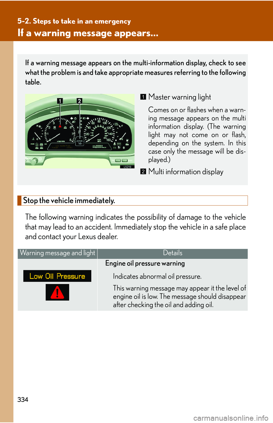 LEXUS LS430 2006 User Guide 334
5-2. Steps to take in an emergency
If a warning message appears...
Stop the vehicle immediately.
The following warning indicates the possibility of damage to the vehicle
that may lead to an ac ci LEXUS LS430 2006 User Guide 334
5-2. Steps to take in an emergency
If a warning message appears...
Stop the vehicle immediately.
The following warning indicates the possibility of damage to the vehicle
that may lead to an ac ci