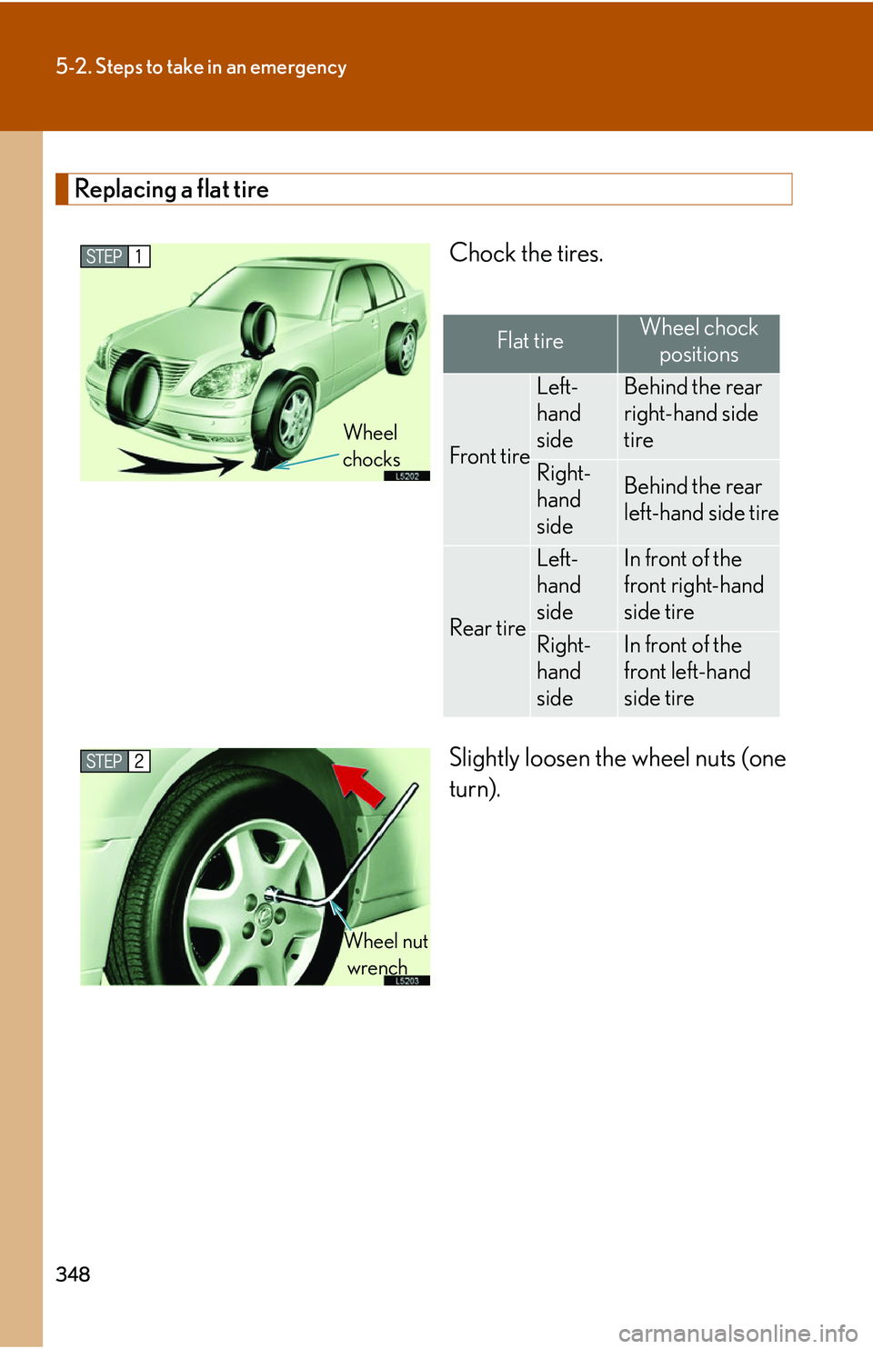 LEXUS LS430 2006 Owners Manual 348
5-2. Steps to take in an emergency
Replacing a flat tire
Chock the tires.
Slightly loosen the wheel nuts (one
turn).
Wheel
chocks
Flat tireWheel chock positions
Front tire
Left-
hand
sideBehind LEXUS LS430 2006 Owners Manual 348
5-2. Steps to take in an emergency
Replacing a flat tire
Chock the tires.
Slightly loosen the wheel nuts (one
turn).
Wheel
chocks
Flat tireWheel chock positions
Front tire
Left-
hand
sideBehind