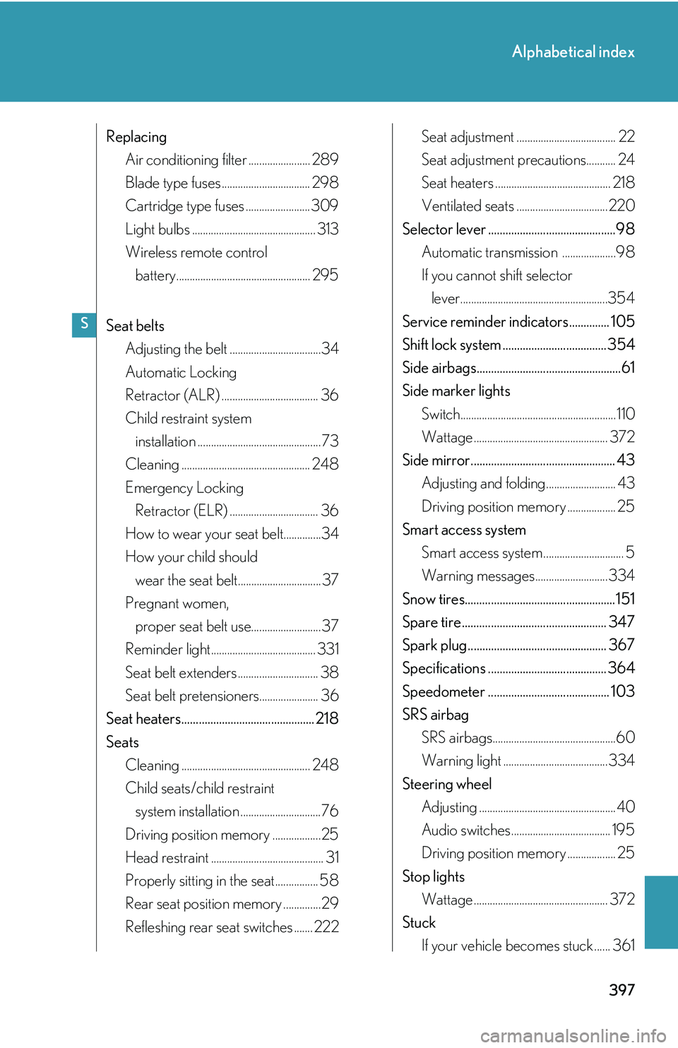 LEXUS LS430 2006  Owners Manual 397
Alphabetical index
ReplacingAir conditioning filter ....................... 289
Blade type fuses ................................. 298
Cartridge type fuses ........................ 309
Light bulbs