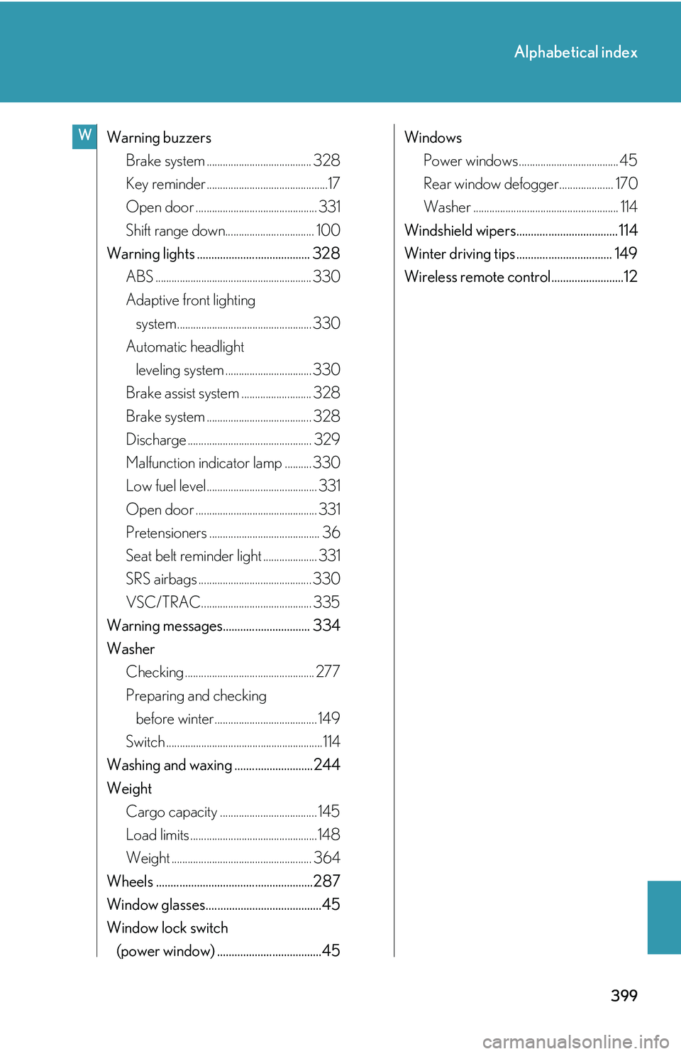 LEXUS LS430 2006  Owners Manual 399
Alphabetical index
Warning buzzersBrake system ....................................... 328
Key reminder ............................................. 17
Open door .................................