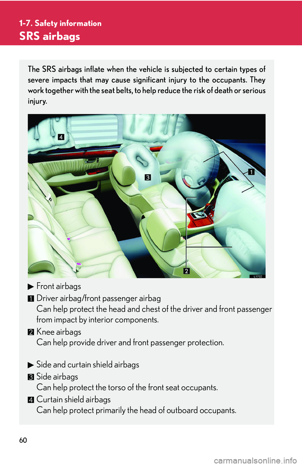 LEXUS LS430 2006 Manual PDF 60
1-7. Safety information
SRS airbags
The SRS airbags inflate when the vehicle is subjected to certain types of
severe impacts that may cause significant injury to the occupants. They
work together LEXUS LS430 2006 Manual PDF 60
1-7. Safety information
SRS airbags
The SRS airbags inflate when the vehicle is subjected to certain types of
severe impacts that may cause significant injury to the occupants. They
work together