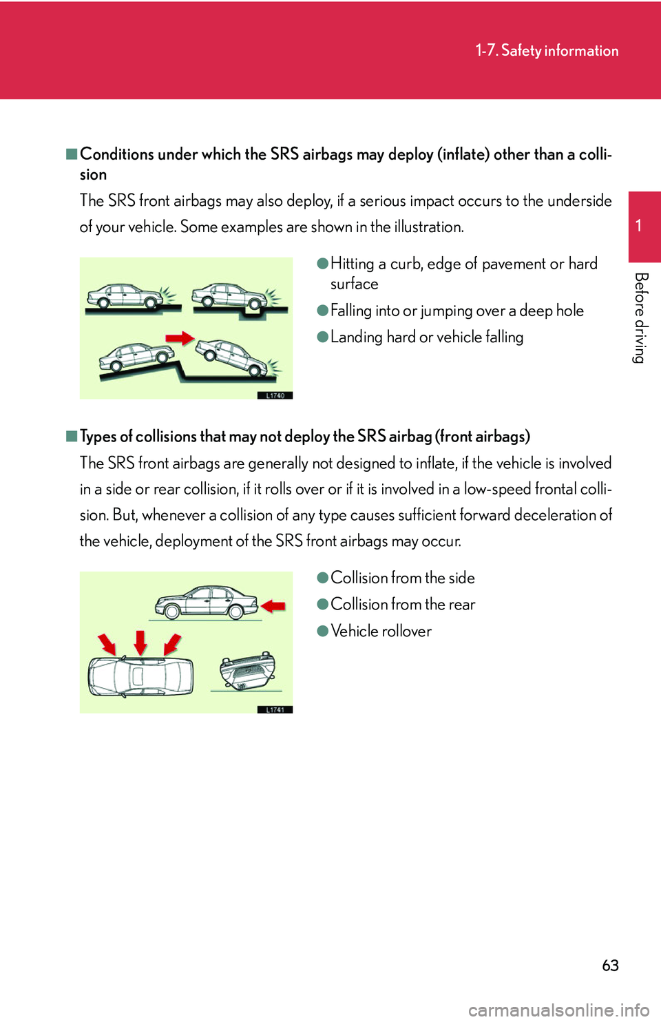 LEXUS LS430 2006 Manual PDF 63
1-7. Safety information
1
Before driving
■Conditions under which the SRS airbags may deploy (inflate) other than a colli-
sion
The SRS front airbags may also deploy, if a se
rious impact occurs LEXUS LS430 2006 Manual PDF 63
1-7. Safety information
1
Before driving
■Conditions under which the SRS airbags may deploy (inflate) other than a colli-
sion
The SRS front airbags may also deploy, if a se
rious impact occurs